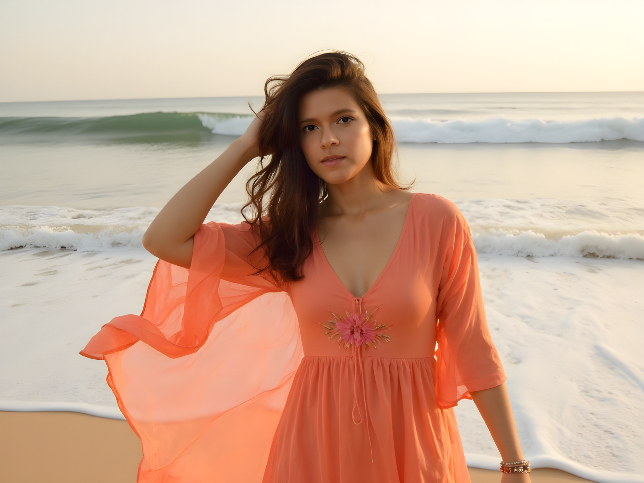 A 25-year-old female model embodies the essence of Australia's vibrant landscapes, captured in a sun-drenched coastal setting. She wears a flowing, coral-hued chiffon maxi dress that drapes elegantly, its billowing sleeves adorned with delicate hand-embroidered flora inspired by the Australian bush. The dress is paired with strappy tan leather sandals that echo the natural hues of the environment. Her sun-kissed skin and tousled beach waves radiate an effortless, bohemian chic. The pose is relaxed yet confident, with one hand gently brushing through her hair, while the other rests on her hip, conveying a sense of freedom and adventure. The soft, golden hour light illuminates her figure, creating a warm, ethereal glow as the waves crash gently behind her, enhancing the laid-back, sun-soaked vibe of this high-fashion editorial.