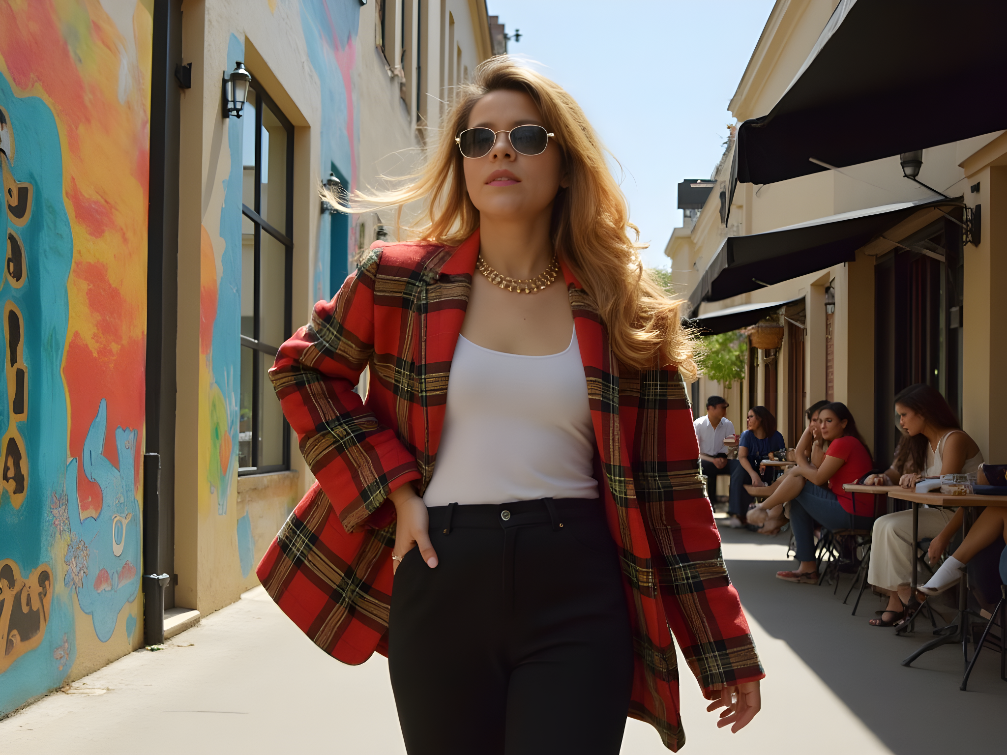A vibrant street scene in Melbourne featuring a female figure, aged 25, embodying a modern muse against the backdrop of the city’s eclectic urban landscape. She is styled in a bold, oversized plaid blazer crafted from a luxe wool blend, paired with high-waisted, tailored black trousers that create a sleek silhouette. The oversized sleeves drape elegantly, accentuating her relaxed, yet chic demeanor. Her accessories—a statement gold chain necklace and oversized sunglasses—add a contemporary edge. The model’s hair is styled in effortless beachy waves, framing her face. She is caught mid-stride, exuding confidence and vitality, as colorful street art and bustling cafes provide a dynamic backdrop. The image captures the feeling of youthful exuberance and cultural richness that Melbourne offers, with bright daylight emphasizing the layers of textures and colors in her outfit and surroundings.