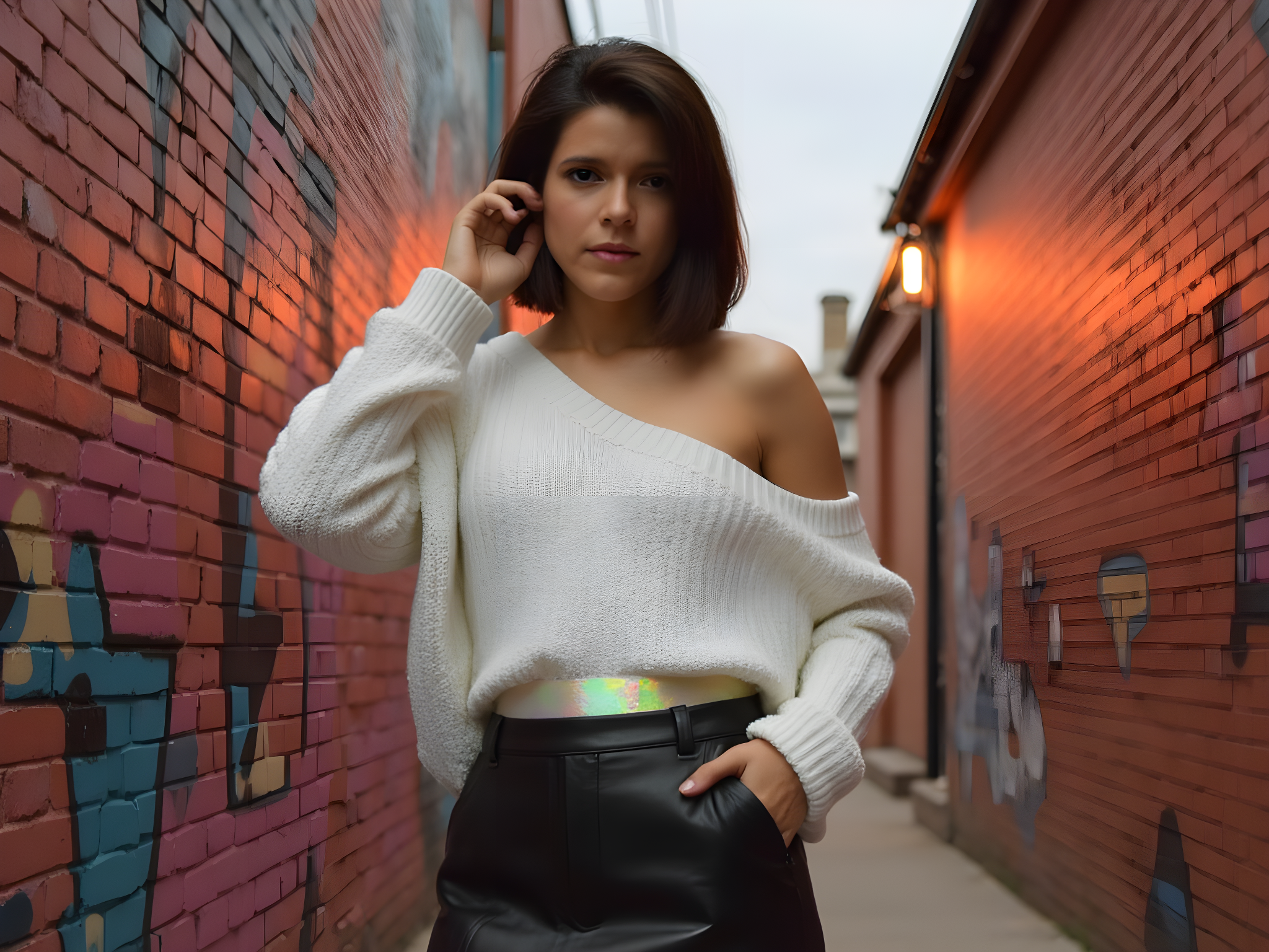 A 25-year-old female figure portrayed in an urban laneway, encapsulating the gritty elegance of modern fashion. She is dressed in an asymmetrical black leather midi skirt that hugs her silhouette, paired with a lightweight, oversized white knit sweater that falls off one shoulder, revealing a hint of porcelain skin. An iridescent belt cinches her waist, adding a pop of color. Her hair is styled in a chic bob, tousled yet refined, cascading slightly over her eyes. The backdrop features graffiti-covered brick walls, casting vibrant splashes of color that contrast with her outfit. The lighting is moody with streetlights casting halo-like glows around her, creating an ethereal glow in the early dusk. The pose is relaxed yet confident, one hand resting casually in her pocket while the other tucks a stray lock behind her ear. This image speaks to urban coolness with an editorial sophistication reminiscent of the work found in Vogue Italia, capturing the spirit of contemporary street fashion.