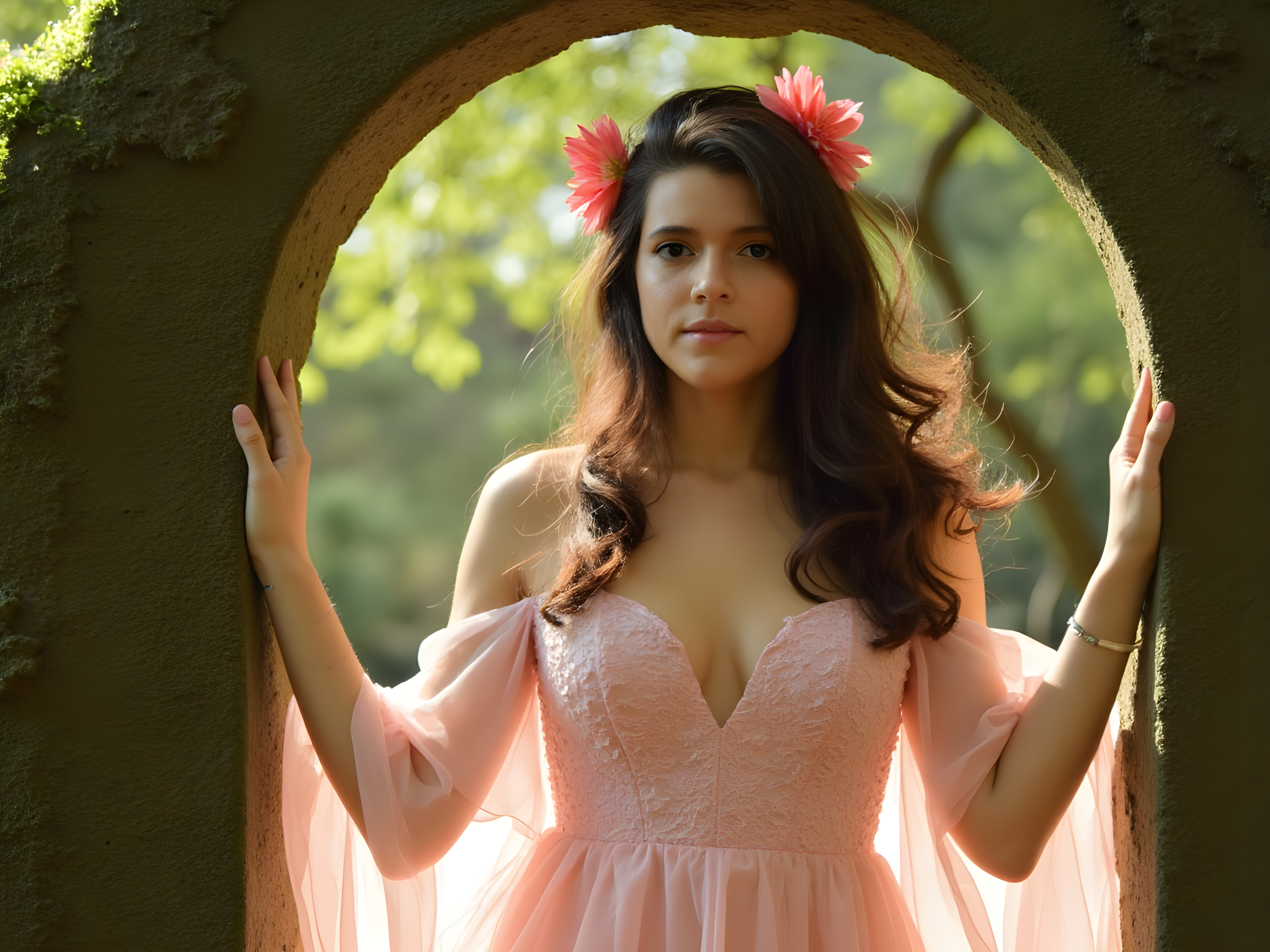 A 25-year-old female model embodies the ethereal spirit of a botanical princess amidst the lush splendor of the Royal Botanic Gardens. She is dressed in an enchanting gown crafted from layers of diaphanous chiffon georgette in soft pastel pink, adorned with intricate floral appliqués that mimic the garden’s blooms. The dress features delicate, off-the-shoulder, fluttering sleeves that echo the petals of orchids, and a flowing train that cascades like a waterfall of blossoms. Her hair, styled in loose, romantic waves, is adorned with fresh flowers, perfectly harmonizing with the surroundings. The warm, dappled sunlight filters through the canopy of greenery, casting dreamy shadows that dance around her. The scene is framed by towering ferns and blooming magnolias, creating a natural, fairy-tale aura. Her pose is both regal and relaxed, leaning against a moss-covered stone archway, exuding an air of whimsical elegance and serenity. The overall composition captures a moment of tranquility and beauty, evoking the enchantment of nature and the majesty of a garden goddess.
