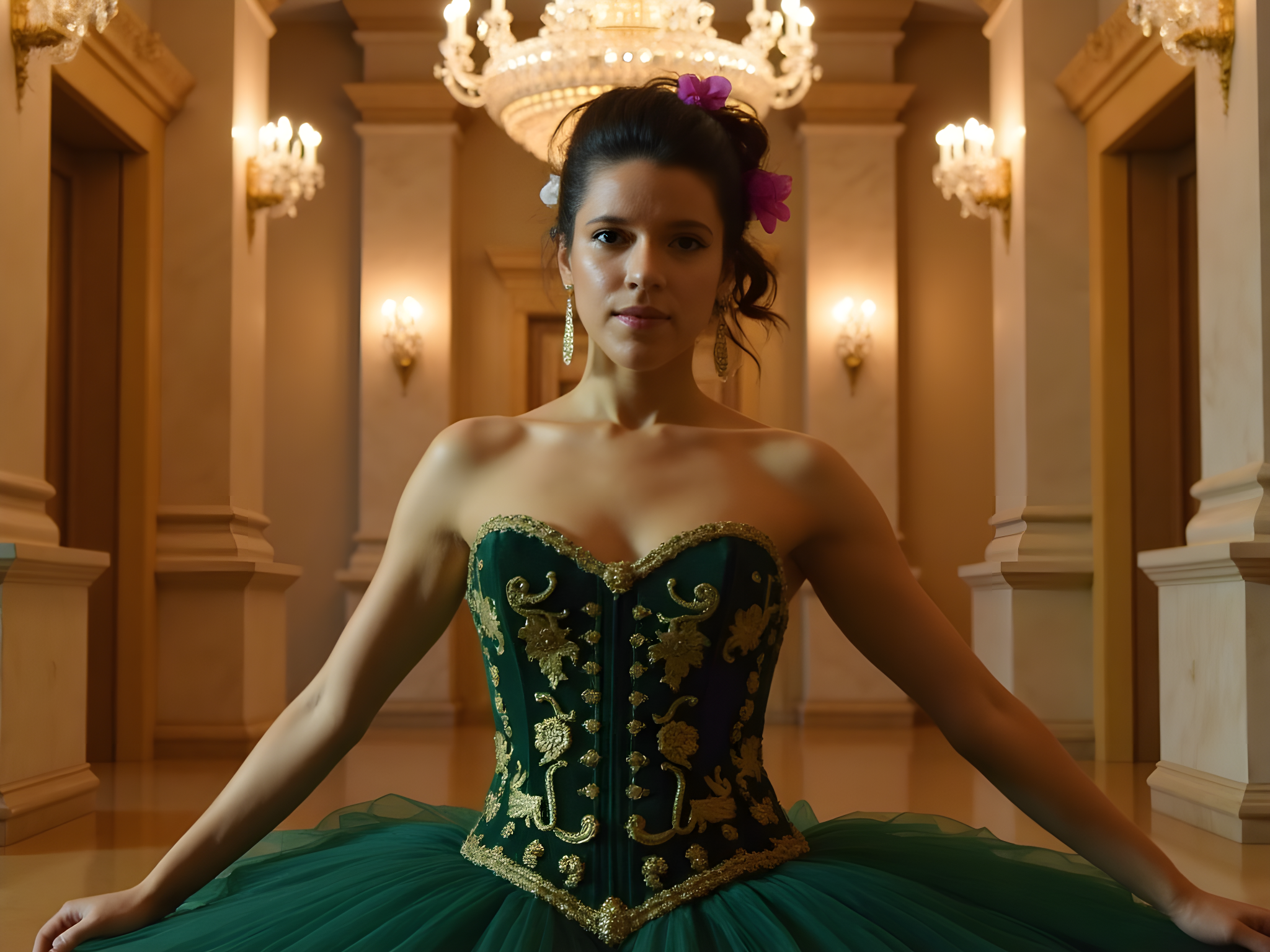A striking female performer, aged 25, captured in the grand foyer of an opera house, embodying the dramatic essence of a prima donna preparing for her moment on stage. She wears an opulent, floor-length gown crafted from deep emerald velvet, adorned with intricate gold embroidery and an exaggerated tulle train that flows like a cascading waterfall. The gown’s corseted bodice highlights her silhouette, while her statement gold chandelier earrings catch the soft light filtering through the ornate crystal chandeliers above. Her hair is styled in a classic updo, embellished with fresh orchids, exuding timeless elegance. The atmosphere is imbued with anticipation, as the interplay of shadows and light paints her figure against the opulent marble columns and gilded accents of the opera house, enhancing the narrative of grandeur and artistry. Emphasizing the emotional weight, the composition captures her poised yet passionate demeanor, evoking the dramatic narrative of the performance about to unfold.