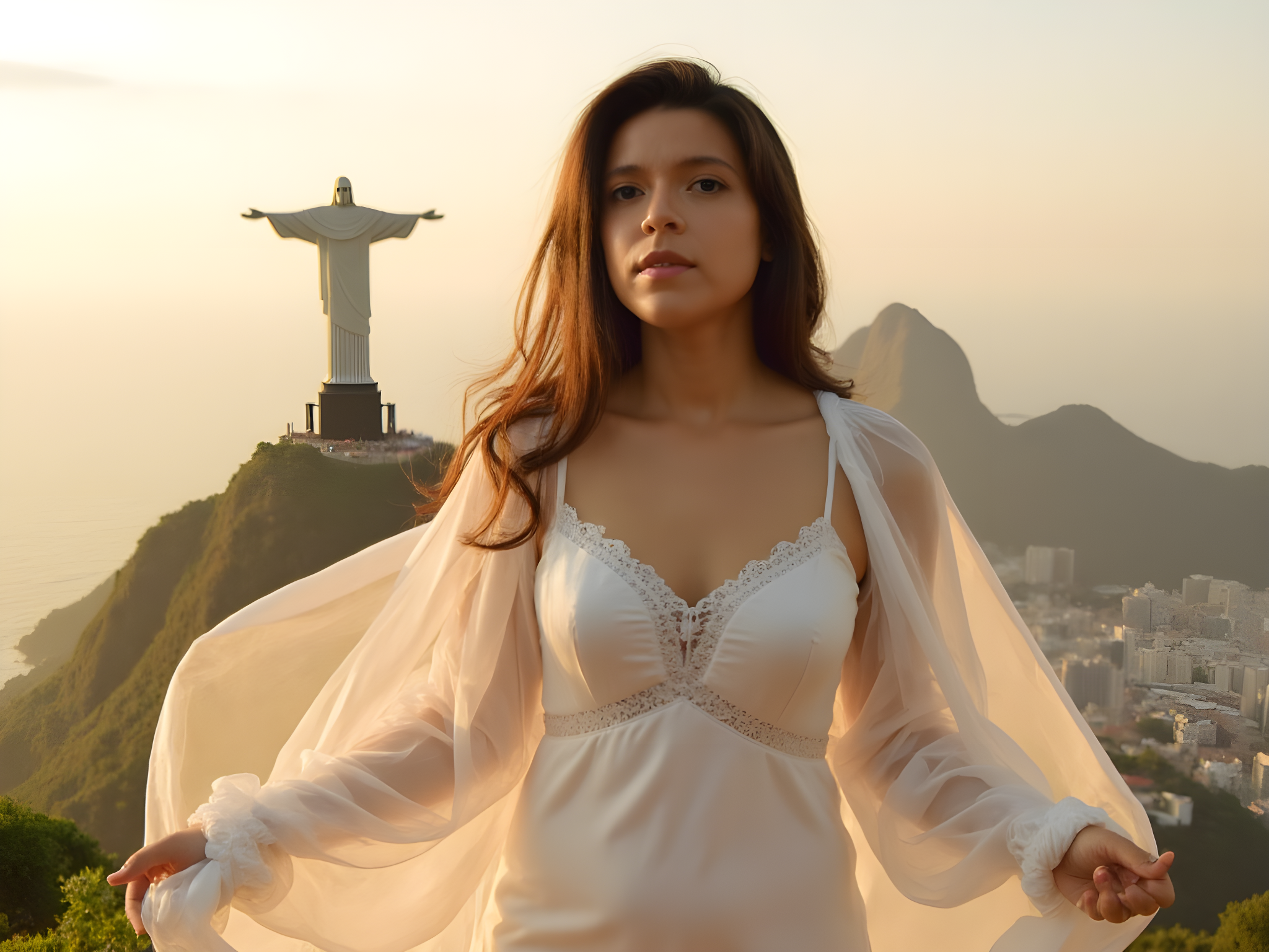 A 25-year-old female figure, embodying the spirit of hope and unity, stands beneath the iconic Christ the Redeemer statue in Rio de Janeiro. Draped in a flowing white chiffon gown that billows gently in the tropical breeze, the fabric catches the golden sunlight, creating a halo effect around her. The gown features delicate lace detailing along the neckline and sleeves, evoking both purity and grace. Her hair, cascading in loose waves, mirrors the natural beauty of the surroundings. She gazes out towards the horizon, hands raised in an open, embracing gesture, as if welcoming the world with a smile. Behind her, the breathtaking view of Rio unfolds, the vibrant city nestled amidst lush hills, emphasizing the theme of hope. The composition is framed to capture both the grandeur of Christ the Redeemer and the serene beauty of the model, using soft, natural light to enhance the ethereal atmosphere of the image. This portrayal promotes a message of love, acceptance, and peace, embodying the spirit of the location while radiating a modern elegance.