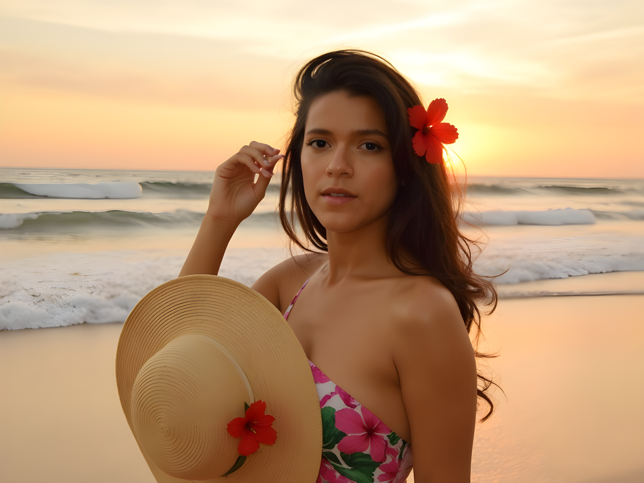A striking 25-year-old female figure is set against the vibrant backdrop of Copacabana Beach at sunset, embodying the sultry essence of the Brazilian coastline. She wears a flowing, tropical silk maxi dress adorned with bold floral prints in hues of fuchsia and emerald, the fabric catching the evening breeze like a gentle wave. Her sun-kissed skin glows, and her hair cascades in beachy waves adorned with fresh hibiscus flowers. In one hand, she holds a vintage straw sun hat, tilted flirtatiously over one shoulder, while the other hand rests casually on her hip, projecting an air of effortless confidence. The golden hour light casts a warm glow, enhancing the natural beauty of her features, while the gentle lapping of the waves creates a serene backdrop. The overall composition captures a moment of blissful leisure, evoking the spirit of summer and the vibrant energy of Copacabana, making it a perfect image for a high-fashion editorial spread.