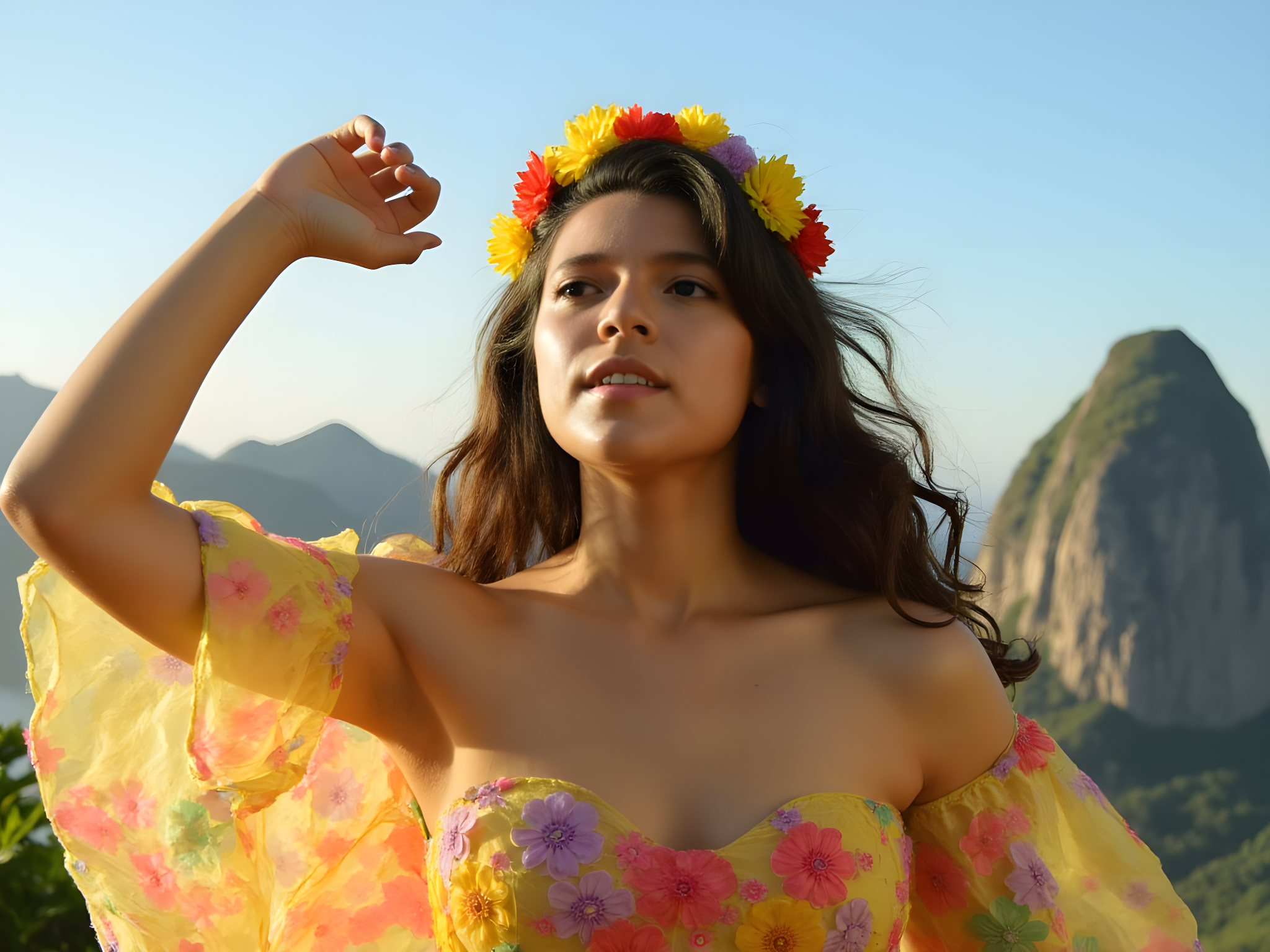 A vibrant, sun-kissed vision of a 25-year-old woman embodying the lively spirit of Rio de Janeiro. She is draped in a flowy, multi-colored floral maxi dress made of chiffon georgette, adorned with hand-embroidered accents capturing the essence of carnival. Her hair cascades in loose waves, crowned with a playful headpiece of tropical flowers. The backdrop features the iconic Sugarloaf Mountain and a cerulean sky. She poses with one hand raised as if enjoying the rhythms of samba, projecting joyful elegance and carefree vibrancy. The warm sunset light creates an ethereal glow, enhancing the festive atmosphere of this cultural celebration.