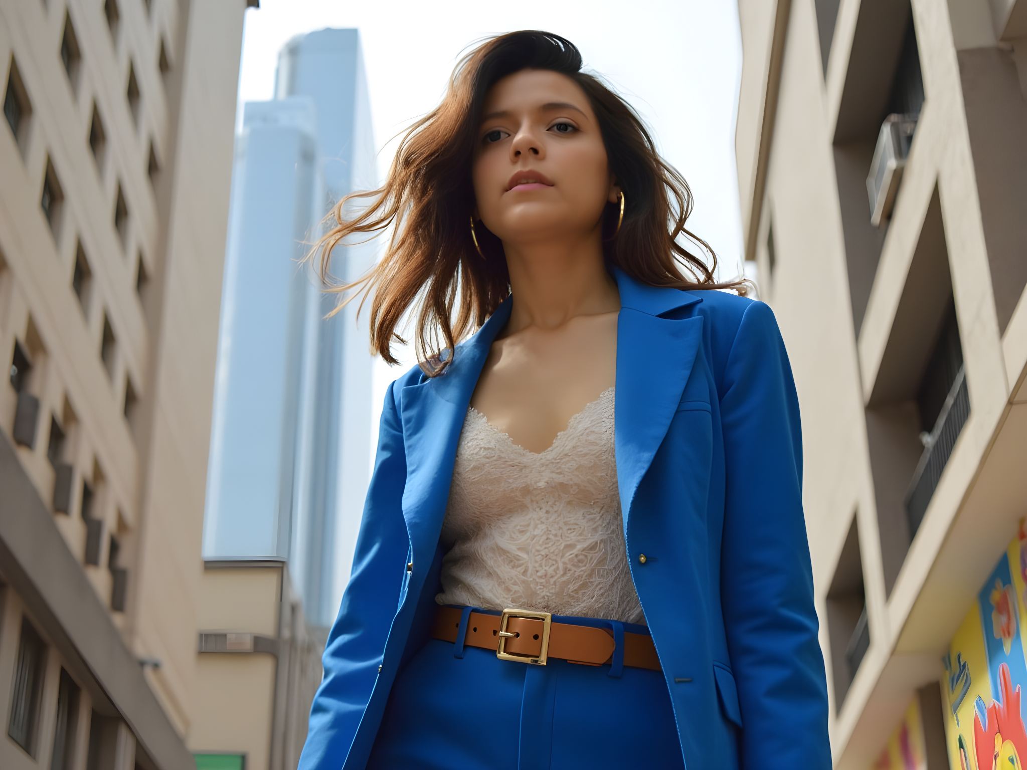 A vibrant street style portrait of a 25-year-old female in the bustling heart of São Paulo. She exudes effortless cool, wearing a tailored blazer in bold electric blue—its structured shoulders framing a delicate lace top underneath. The ensemble is cinched at the waist with a wide leather belt in caramel, contrasting beautifully against the rich hues. Her high-waisted trousers are cropped, revealing chic ankle boots in polished black leather. The model's hair is styled in soft waves, tossing freely in the urban breeze, while oversized gold hoop earrings catch the sunlight. The background features the iconic São Paulo skyline, with modern architecture juxtaposed against vibrant street art, encapsulating the city's energetic essence. Shot in natural light, the image emphasizes color saturation, creating a dynamic and youthful atmosphere that celebrates both fashion and cultural vibrancy.