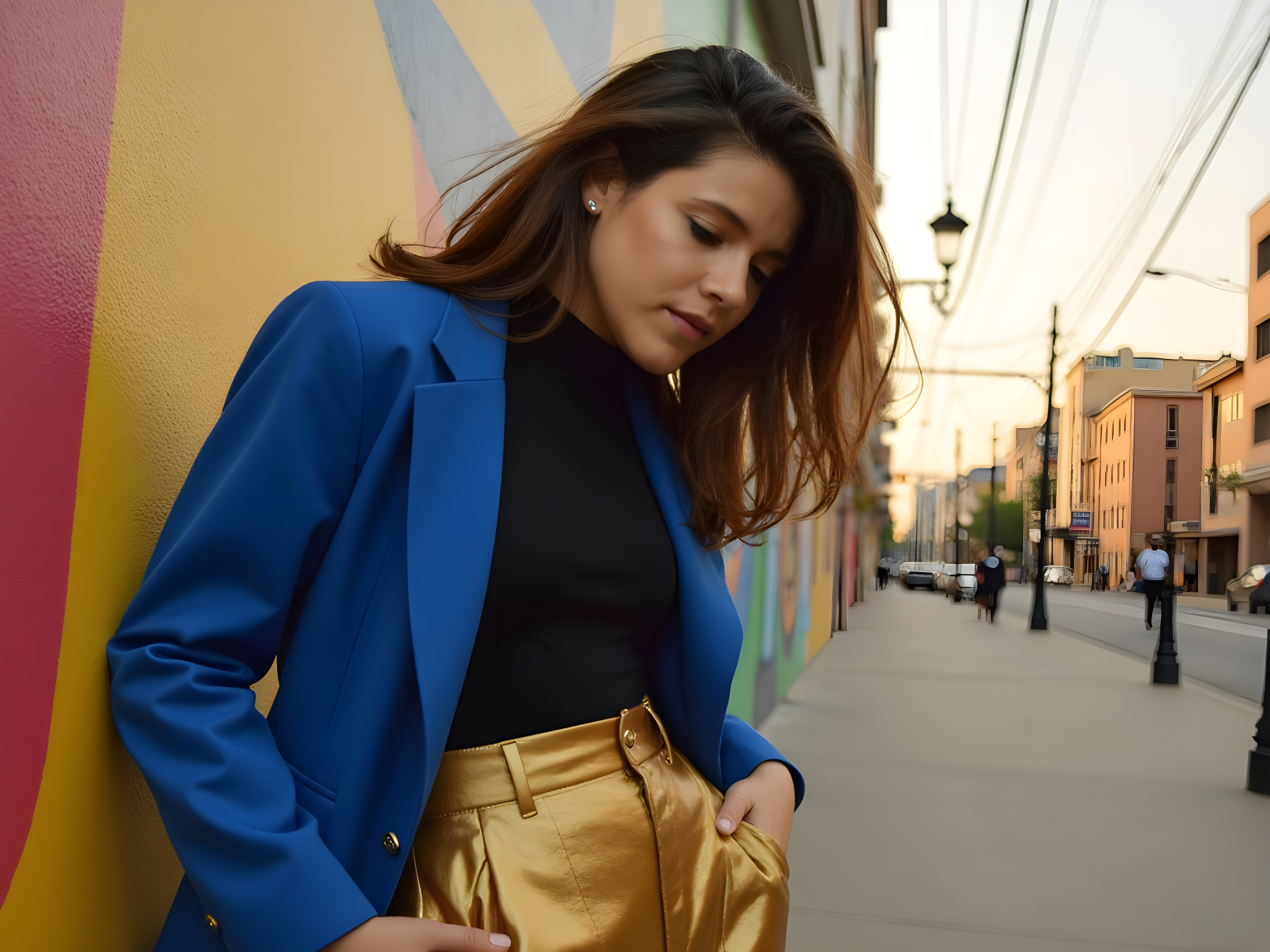 A 25-year-old woman, embodying the vibrant essence of São Paulo's Paulista Avenue, stands confidently amidst the urban hustle. She is styled in a dramatic, oversized tailored blazer in electric blue, paired with high-waisted, metallic gold wide-leg trousers that shimmer with each movement. Beneath the blazer, she wears a fitted black turtleneck, showcasing her silhouette against the chaotic backdrop of street art and bustling city life. Her hair is styled in sleek, modern waves, and her makeup features bold, colorful eye shadow that echoes the excitement of the place. Captured during golden hour, the warm light bathes her in a soft glow, emphasizing her fierce expression as she leans casually against a vibrant mural, embodying the spirit of modern global street style.