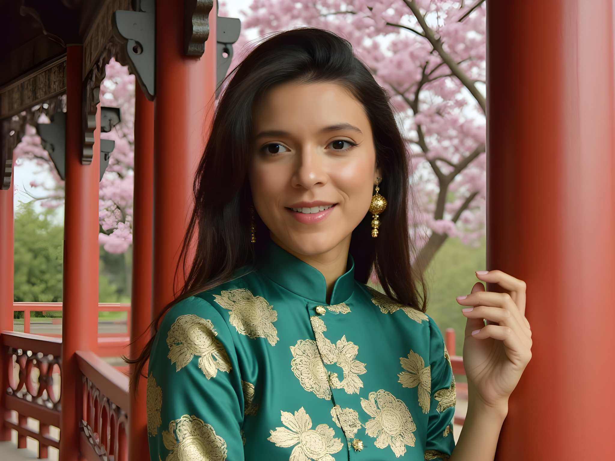 A striking 25-year-old female figure, effortlessly blending modern elegance with traditional Chinese culture. She wears a contemporary qipao, crafted from luxurious silk in a deep jade green, adorned with intricate gold brocade patterns of blooming peonies. Her sleek hairstyle cascades smoothly down her back, and elegant gold statement earrings glint in the soft light. Captured in a vibrant Beijing courtyard, the ornate architecture frames her, with delicate cherry blossom branches adding a touch of serenity. The composition highlights her poised stance, with one hand delicately resting on a wooden pillar, exuding a sense of grace and connection to her heritage. The atmosphere resonates with cultural richness and modern fashion fusion, echoing the vibrant spirit of contemporary Beijing.