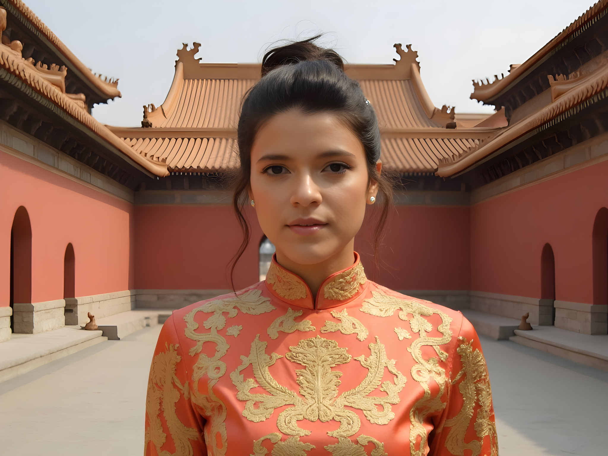 A 25-year-old female model, exuding an air of mystique, is poised gracefully within the majestic Forbidden City. Dressed in an opulent gold and crimson silk qipao adorned with intricate phoenix embroidery, the gown elegantly embraces her figure with its mandarin collar and fitted silhouette. Her hair is styled in an ornate updo, delicately embellished with jade hairpins, echoing the imperial grandeur of ancient China. The setting showcases the rich textures of the Forbidden City, with vibrant vermilion walls and elaborate rooftops creating a striking backdrop. She stands in the center of a courtyard, poised yet contemplative, with soft, diffused sunlight illuminating her features, capturing the ethereal beauty and cultural depth of the moment.