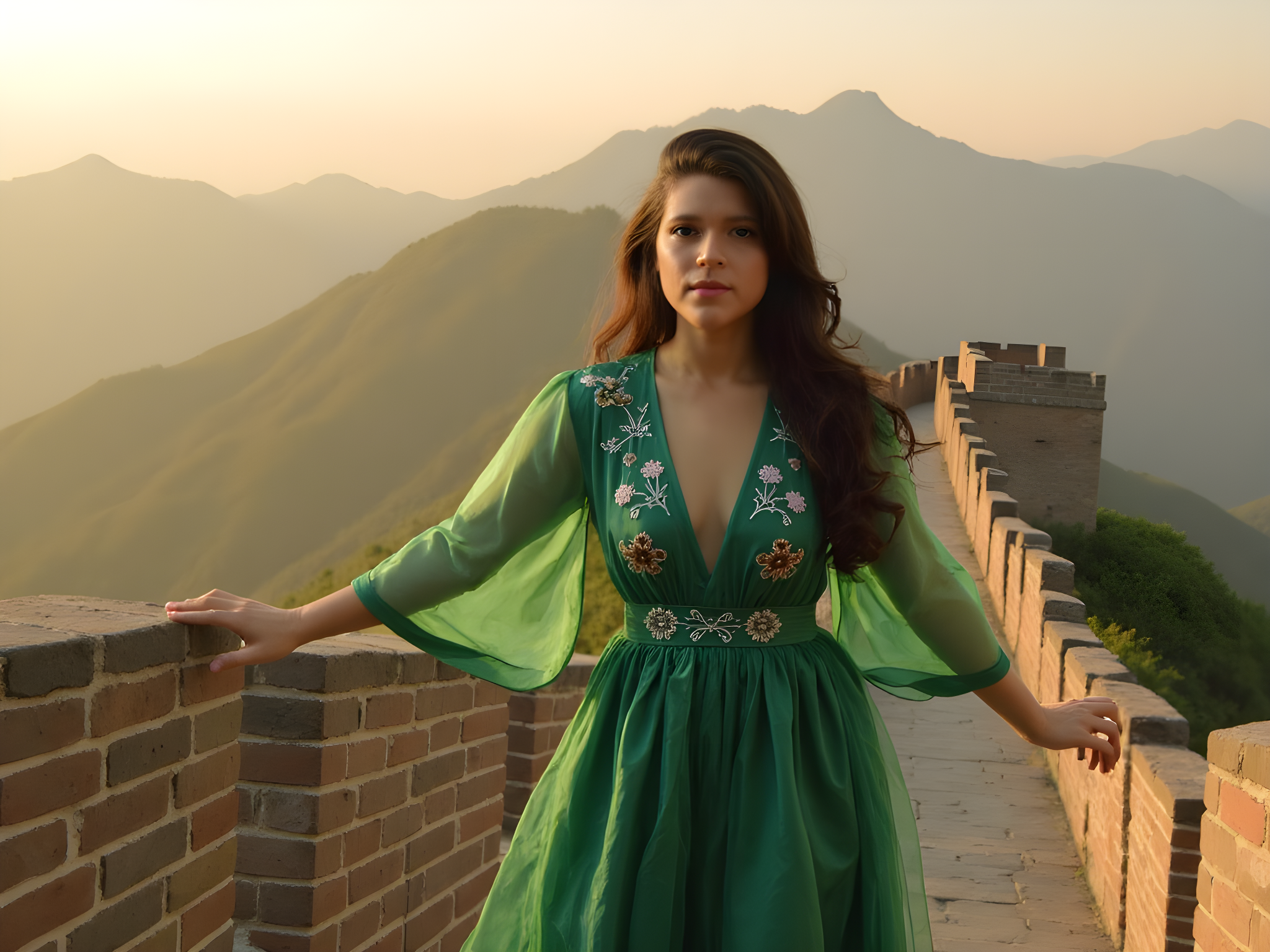 A captivating image of a 25-year-old female model standing majestically on the Great Wall of China, embodying the spirit of adventure and resilience. She wears a flowing, layered silk gown in a deep jade green, reflecting the lush landscape surrounding her. The gown features intricate embroidery that mirrors traditional Chinese motifs, creating a harmonious blend of modern elegance and cultural heritage. Her hair is styled in soft waves, adorned with delicate cherry blossom pins that echo the beauty of her setting. The pose is both graceful and powerful, with one foot stepping confidently forward and arms gently outstretched, as if embracing the ancient stones of the wall. The late afternoon sun casts a warm golden hue, illuminating her figure and creating ethereal shadows across the weathered stones, while the breathtaking undulations of the wall stretch endlessly in the background, reinforcing the sense of history and connection to the land. This image evokes themes of strength, timeless beauty, and the intersection of past and present, meticulously crafted for an editorial spread that resonates with cultural depth and artistic finesse.