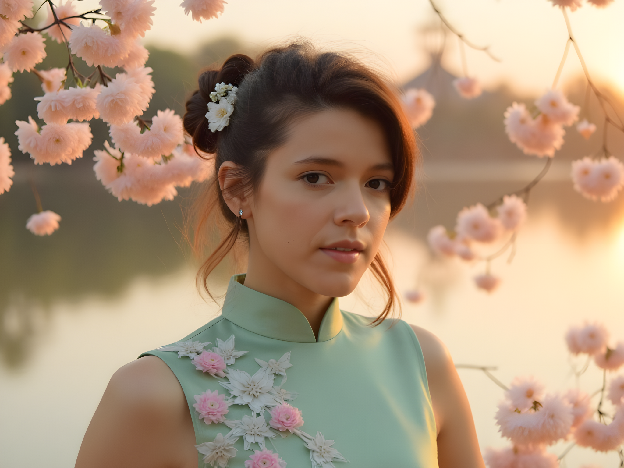 A 25-year-old female model, embodying the ethereal grace of traditional Chinese beauty, is captured in a breathtaking outdoor scene. She is adorned in a modern qipao crafted from shimmering silk in soft shades of jade green, adorned with intricate hand-embroidered cherry blossoms. The dress features a high collar and flattering form-fitting silhouette, accentuating her figure. Her hair is styled in an elegant updo, embellished with delicate hairpins featuring floral motifs. The setting is a serene lakeside at sunset, with cherry blossom trees framing the scene, their petals gently falling like confetti. The composition utilizes soft, golden hour lighting to create a warm and romantic atmosphere. The model's serene expression and poised posture evoke a sense of tranquility and cultural richness, perfectly harmonizing with the picturesque surroundings.