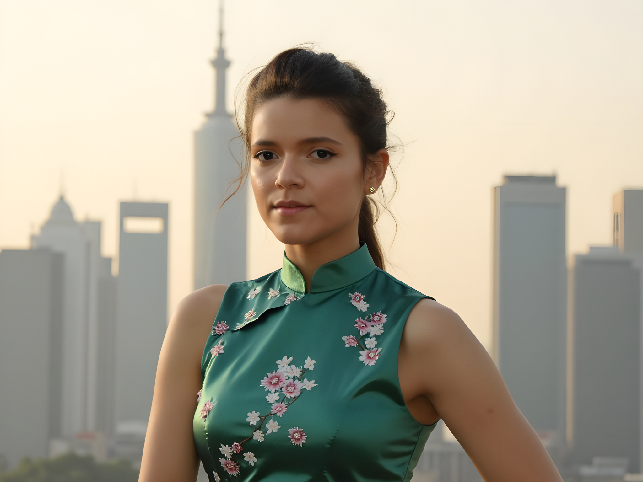 A 25-year-old female figure embodies the spirit of modern Shanghai, poised against the iconic skyline of the Pudong district. Draped in a sleek, form-fitting qipao crafted from shimmering silk chiffon in a deep jade hue, the dress features intricate hand-embroidered cherry blossom motifs, complimenting her graceful silhouette. Her hair is styled in a contemporary updo, accented with delicate gold hairpins, channeling both traditional and avant-garde aesthetics. Caught in the golden hour, the soft, ambient light highlights her features, casting a warm glow that contrasts with the cool urban architecture behind her. The composition skillfully employs the rule of thirds, surrounding her with negative space that accentuates her strength and poise. This image captures the essence of a city that seamlessly intertwines rich heritage with cutting-edge modernity, evoking a sense of ambition and cultural sophistication.