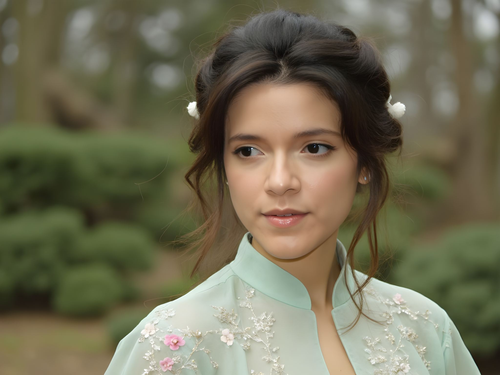 A captivating portrait of a 25-year-old female model, embodying the essence of an Oriental Pearl. She graces a serene setting reminiscent of a tranquil Zen garden, adorned in an exquisite dress crafted from shimmering silk chiffon in muted shades of jade and ivory. The dress features intricate floral embroidery and flowing, layered sleeves that evoke the elegance of traditional Asian aesthetics. Her hair, styled in loose waves adorned with delicate cherry blossom hairpins, frames her porcelain face, while her makeup highlights her almond-shaped eyes and soft nude lips. The soft, diffused lighting bathes her in a warm glow, enhancing the ethereal quality of her presence. The composition incorporates elements of negative space, allowing her graceful silhouette to stand as the focal point, creating a harmonious balance between the subject and the serene environment.