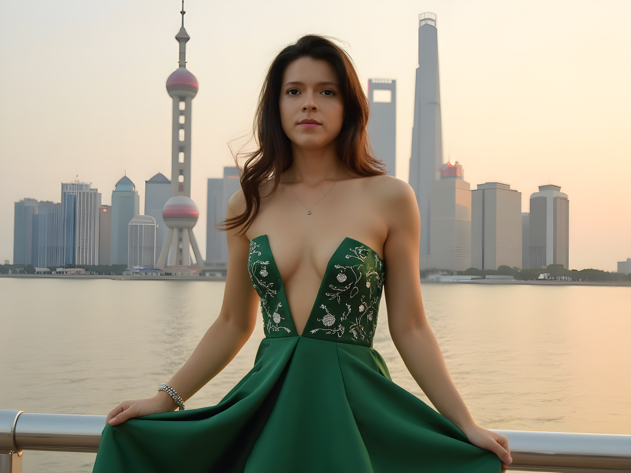 A striking portrait of a 25-year-old woman standing confidently on the iconic Bund in Shanghai, embodying the fusion of modern energy and timeless elegance. She wears an exquisite emerald green silk gown, tailored to perfection with a plunging neckline and intricate hand-embroidered floral embellishments. The gown cascades to the ground, creating a gentle trail that mimics the rippling waters of the Huangpu River. Her hair is styled in sleek, soft waves, accented by a delicate diamond headpiece that glimmers subtly in the ambient light. The city skyline is a stunning backdrop, with its juxtaposition of colonial architecture and modern skyscrapers symbolizing cultural richness. Captured during the golden hour, the warm light gently kisses her skin, creating an ethereal glow. Her pose is both powerful and inviting—one hand resting on her hip while the other is lifted gracefully, fingers cascading with elegance. This image encapsulates the spirit of contemporary luxury, evoking a sense of wanderlust and sophistication.