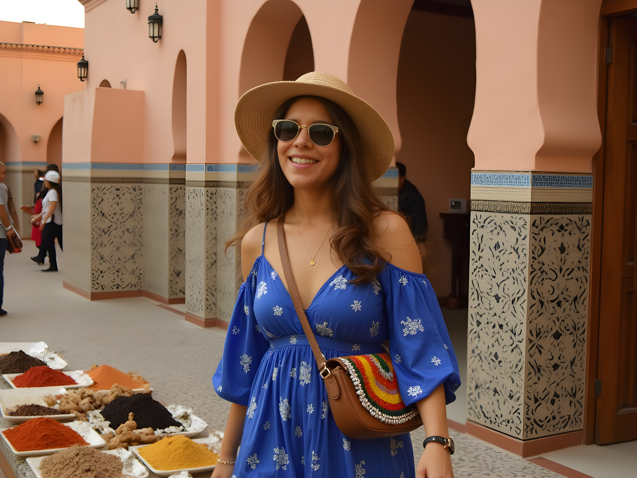 A spirited 25-year-old woman is captured wandering through the vibrant streets of Marrakech, her silhouette framed against the intricate mosaic tiles of a historic riad. She dons a flowing, lightweight bohemian maxi dress in rich cobalt blue, adorned with delicate floral patterns that whip gently in the warm breeze. Stylish round sunglasses and a wide-brimmed straw hat shield her from the sun, while a beaded crossbody bag adds a touch of artisanal charm. The scene is bathed in the golden hues of late afternoon light, evoking a sense of adventure and wanderlust. With a playful smile, she pauses to admire the colorful spices displayed in a nearby market, embodying the essence of a modern traveler embracing cultural discovery.