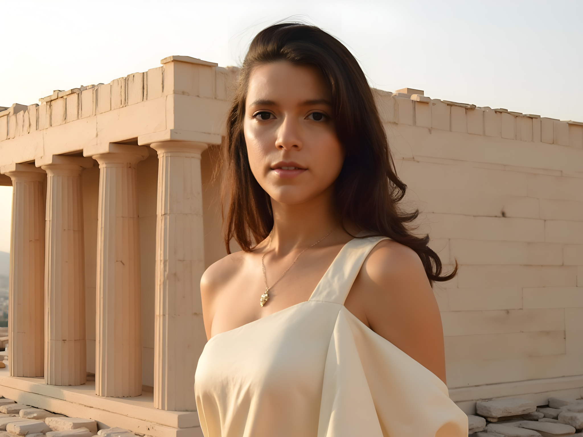 A 25-year-old female model standing gracefully atop the Acropolis, embodying the spirit of modern elegance intertwined with ancient history. Draped in a flowing, one-shoulder silk gown, the fabric in a soft ivory hue cascades down her figure, echoing the classic drapery of ancient Greek attire. The gown features subtle gold embellishments that reflect the warm sunlight, mimicking the shimmering stones of the Parthenon in the background. Her hair, styled in loose waves, frames her face softly, while delicate gold jewelry—an arm cuff and earrings—add a contemporary edge. Captured during the golden hour, the soft, diffused light illuminates her features, enhancing the serene yet powerful expression that evokes both nostalgia and modernity. The composition highlights the grandeur of the Acropolis, with the model exuding a sense of timeless beauty and strength amidst the ruins.