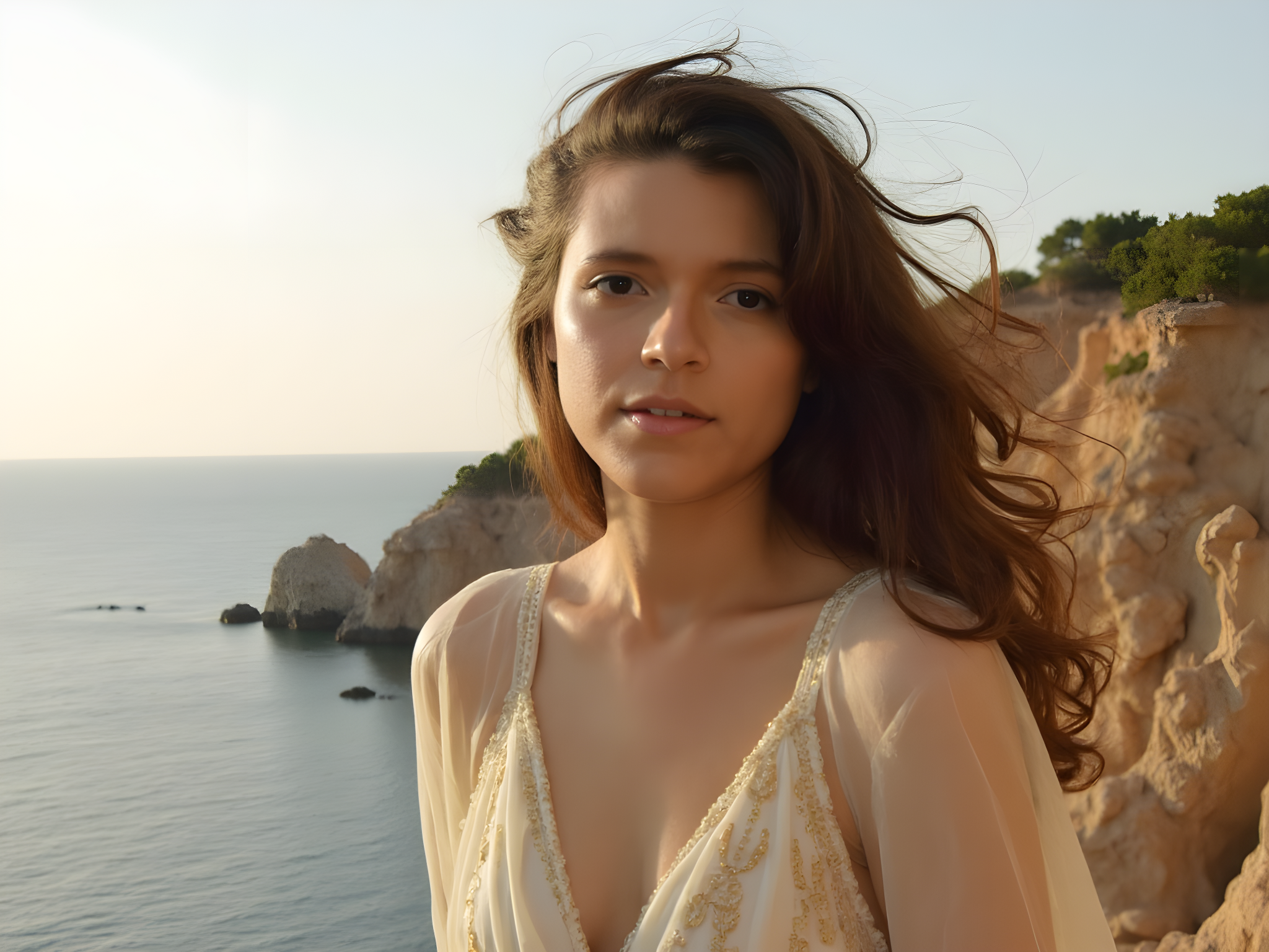 A 25-year-old woman embodies the radiant spirit of a modern goddess against a sunlit Grecian backdrop. Draped in a flowing, ivory chiffon gown that dances around her like sea foam, she stands atop a rocky cliff overlooking the sapphire Aegean Sea. The gown features delicate hand-embroidered gold threadwork along the neckline, mimicking ancient Greek motifs. Her long, sun-kissed hair cascades in loose waves, adorned with a dainty laurel crown, symbolizing victory and beauty. The pose captures her as she gazes thoughtfully into the horizon, her silhouette bathed in the golden hues of the setting sun, creating a romantic and ethereal atmosphere. The sunlight's soft rays highlight her features while casting enchanting reflections on the water below, transforming the scene into a timeless representation of beauty and grace.