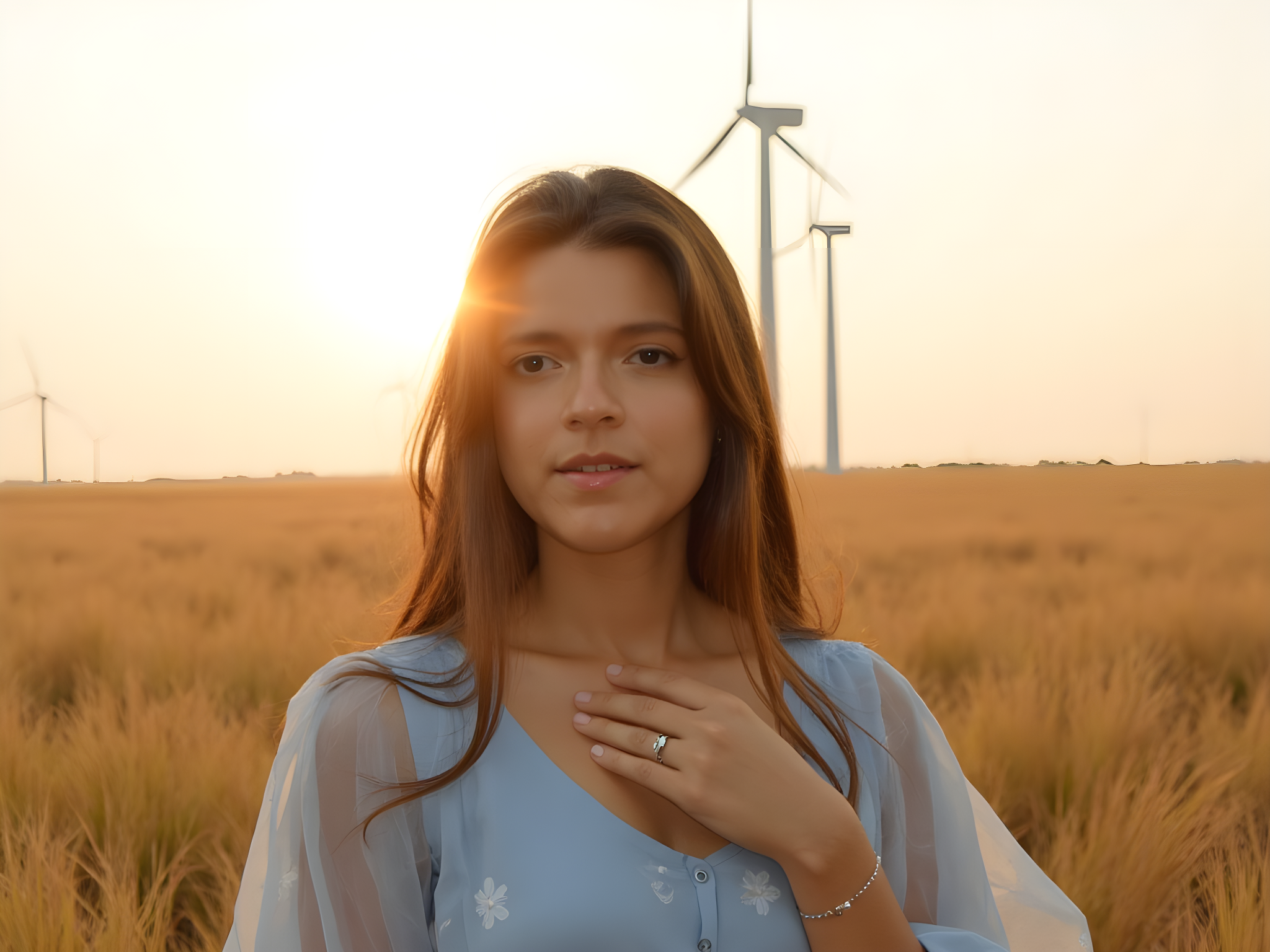 A 25-year-old woman is captured standing gracefully in a serene field of windmills, embodying the essence of modern-day freedom and adventure. Clad in a flowing, sky-blue chiffon maxi dress adorned with delicate floral motifs, she sways gently in the breeze, the fabric billowing like clouds around her. The soft, golden hour sunlight bathes the scene, creating an ethereal glow that accentuates the gentle curves of her silhouette. Her long, sun-kissed hair cascades down her shoulders, and she wears minimalistic silver jewelry, enhancing her natural beauty. The windmills spin in the background, their clean lines and rhythmic motion symbolizing progress and harmony with nature. The composition is balanced, with the rule of thirds elegantly guiding the eye towards the subject, while the soft focus and warm hues evoke a sense of peace and tranquility, reminiscent of an idyllic summer day. This image encapsulates a moment of joyful abandon, inviting viewers to embrace the beauty of nature and the spirit of adventure.