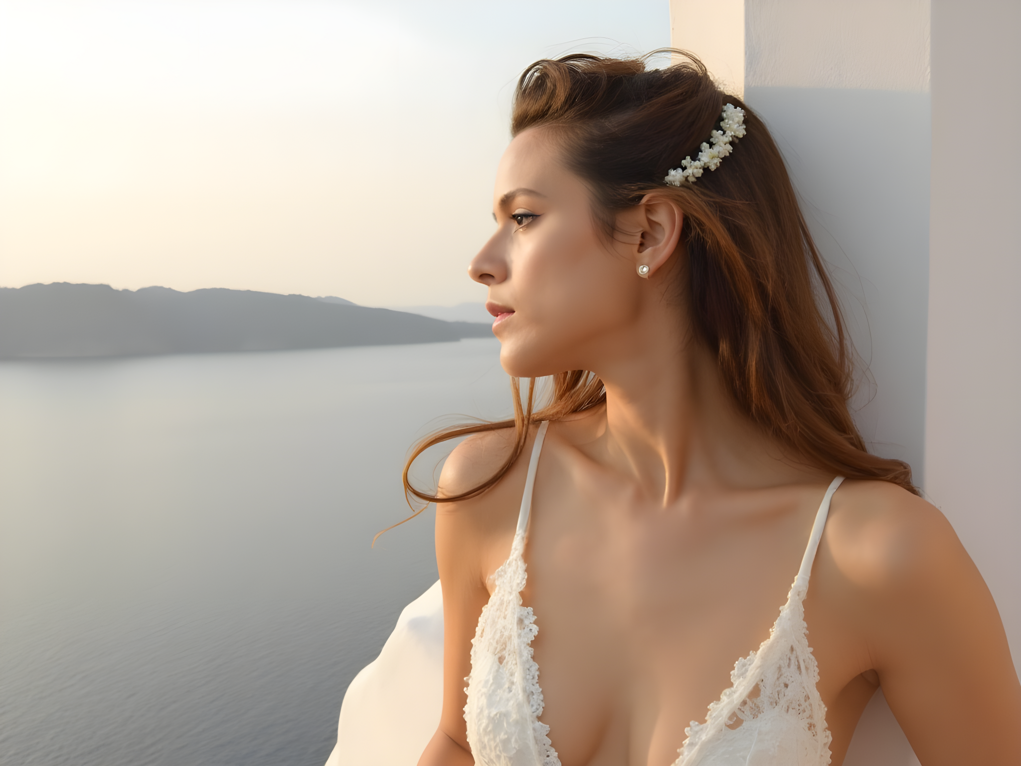A captivating portrait of a 25-year-old woman, embodying the essence of a Grecian muse against the breathtaking backdrop of Santorini. She wears an ethereal, flowy white chiffon gown with delicate lace details that billow softly in the gentle Aegean breeze. The gown features a plunging neckline and intricate embroidery, catching the golden light of the setting sun. Her sun-kissed skin glows, complemented by loose, tousled waves cascading down her back, adorned with a subtle floral crown made of local blossoms. The pose is relaxed yet confident, leaning against a classic blue-and-white villa as she gazes thoughtfully at the horizon, encapsulating the tranquil beauty and charm of the island. The soft pastels of the Santorini landscape create a captivating contrast, making the image profoundly serene and inviting.