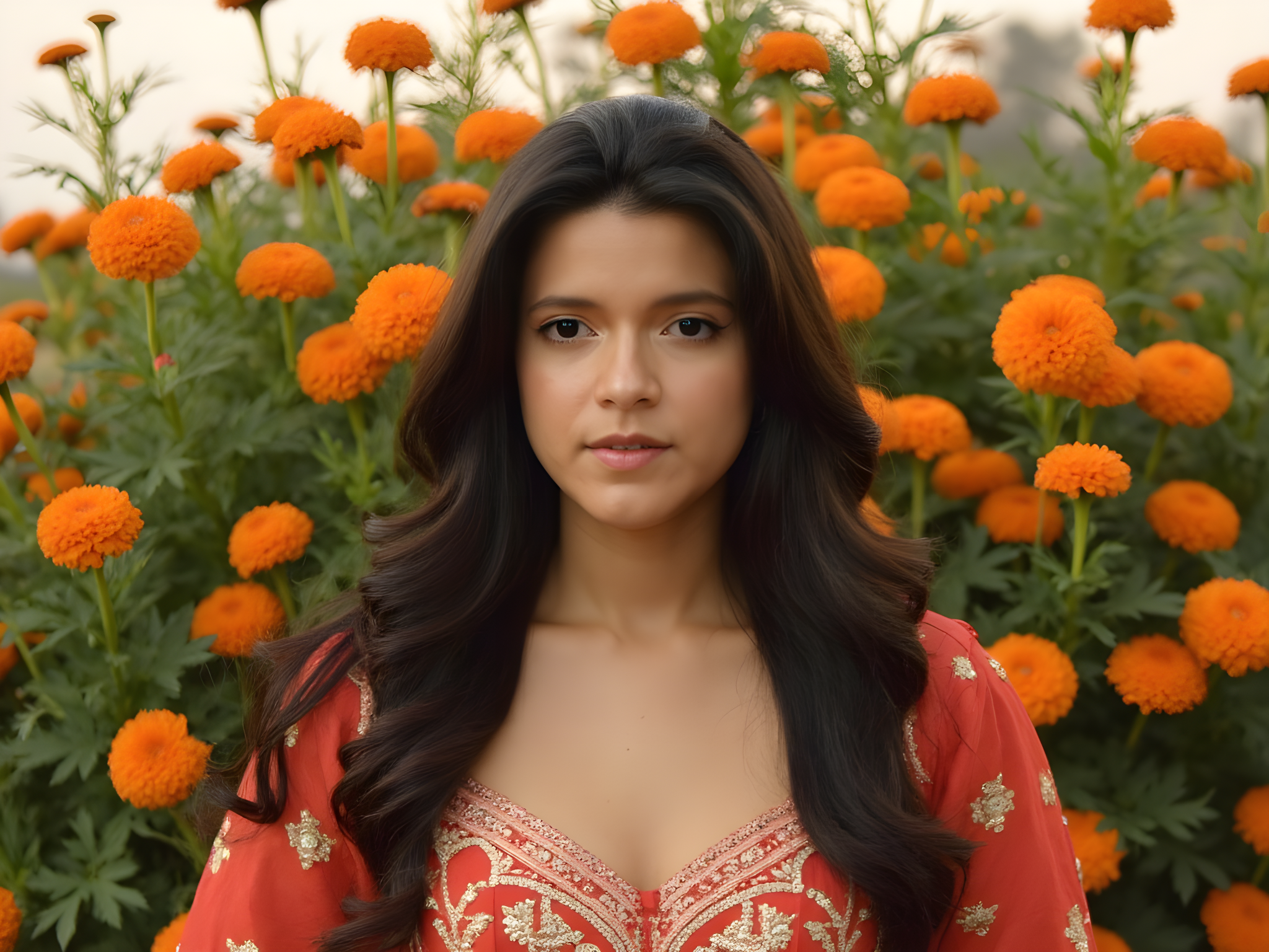 A striking portrait of a 25-year-old woman embodying the regal elegance of Indian heritage. She is adorned in a breathtaking crimson lehenga crafted from intricate brocade, featuring delicate gold embroidery that tells a story of ancient artistry. The ensemble is paired with a contrasting ivory choli that hugs her figure, showcasing a modern twist on classic silhouettes. Her skin glows with a warm, ethereal sheen, enhanced by luminous highlighter and bold kohl-lined eyes, while her luscious black hair is styled in cascading waves, adorned with fresh jasmine flowers. The setting is a lush garden filled with vibrant marigolds and bougainvillea, bathed in the soft golden light of dusk. This image radiates the spirit of celebration, capturing the essence of Indian culture while embracing contemporary aesthetics.