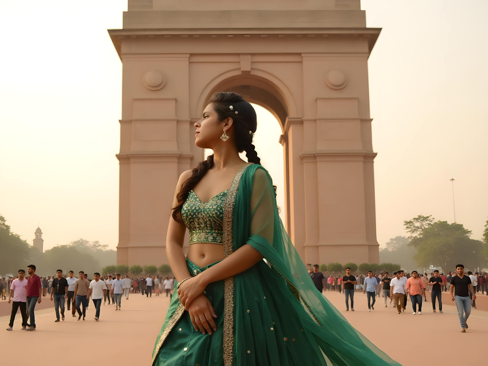 A 25-year-old woman embodies the vibrant spirit of Indian culture, standing gracefully at the iconic India Gate. She is adorned in a traditional lehenga made of deep emerald green silk, embellished with intricate gold embroidery and delicate mirror work. The skirt flows elegantly to the ground, featuring layers of tulle illusion that create a magical effect. A sophisticated choli, fitted with princess seams, complements the ensemble, while a dupatta made of chiffon georgette drapes artistically over her shoulders. The late afternoon sun casts a warm, golden glow, highlighting the rich colors and textures of her attire. Her hair is styled into a braided crown, adorned with fresh marigold flowers that echo the vibrancy of the celebration. Capturing a moment of serene contemplation, she gazes towards the monument, with the grandeur of the arch framing her as if she were a living piece of art. The composition utilizes the golden ratio for perfect balance, with the India Gate as a breathtaking backdrop that enhances her regal presence, projecting the essence of modern Indian femininity.