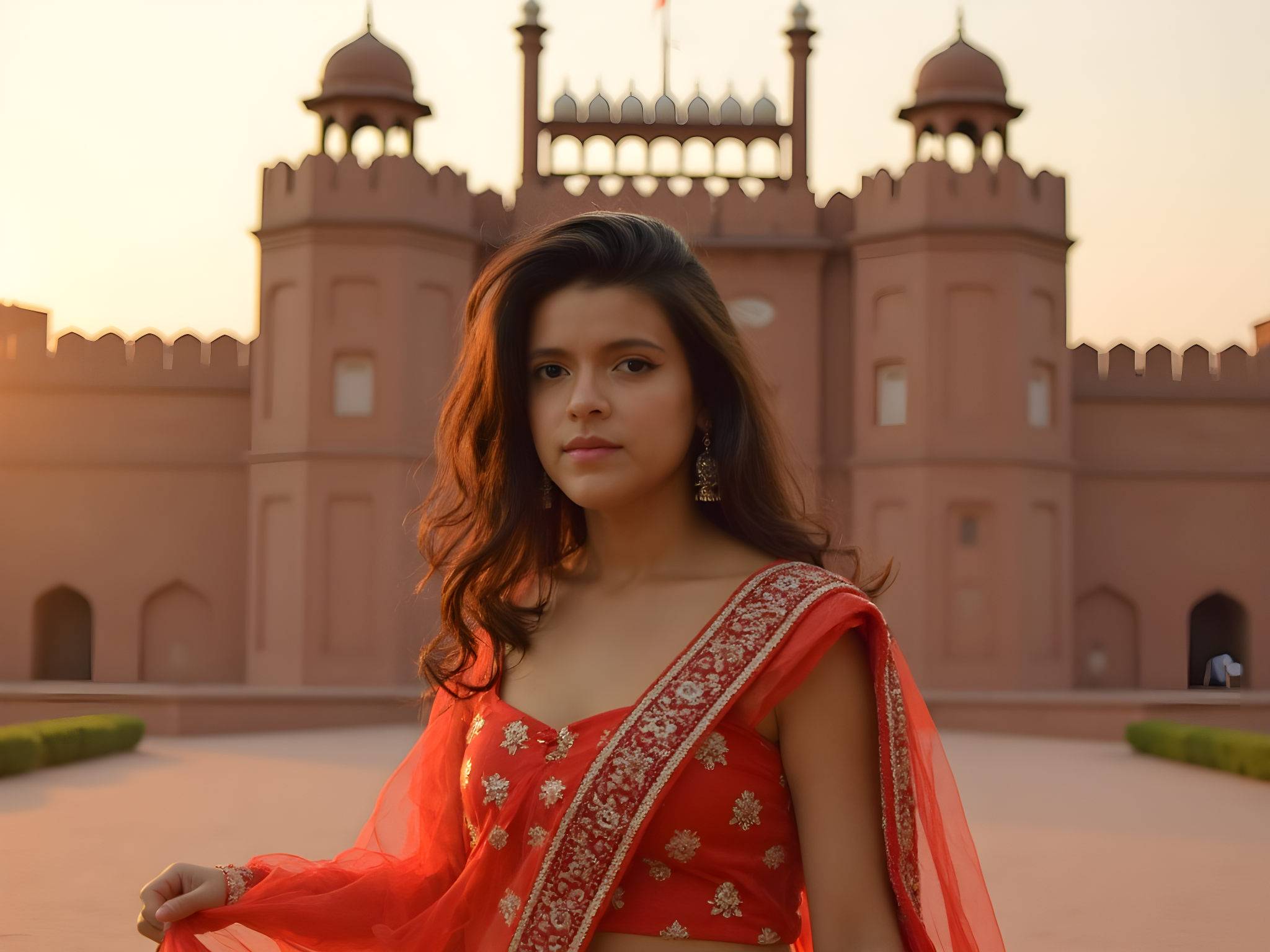A 25-year-old woman, embodying the spirit of a modern-day empress, is elegantly draped in a richly embroidered crimson lehenga, its intricate patterns glimmering against the warm hues of the setting sun. She stands gracefully in front of the majestic Red Fort, its historical architecture providing a stunning backdrop that echoes the grandeur of Mughal heritage. The lehenga's flared silhouette sways gently as she poses, her hair styled in loose waves adorned with delicate jasmine flowers. Her expression is serene yet powerful, eyes reflecting the vibrant culture surrounding her. The scene is infused with golden light, enhancing the opulence of her attire and the architectural beauty, creating a striking juxtaposition of past and present. The composition balances tradition and modernity, encapsulating a timeless narrative of royalty and resilience.