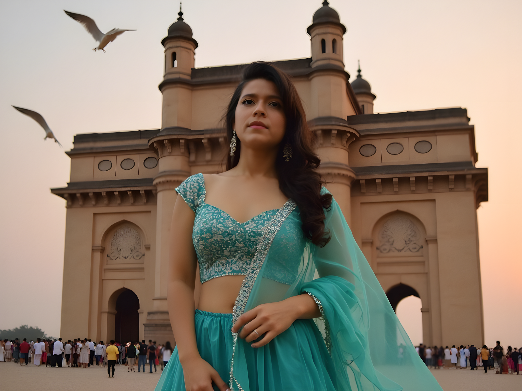 A 25-year-old woman stands gracefully in front of the iconic Gateway of India, embodying a blend of modernity and tradition. She is draped in a flowing teal chiffon lehenga adorned with intricate gold embroidery, the fabric catching the soft twilight breeze. The lehenga's high waist accentuates her silhouette, while a delicate matching dupatta cascades over one shoulder. Her hair is styled in loose waves, adorned with traditional jasmine flowers, exuding a sense of timeless elegance. She gazes confidently towards the horizon, reflecting the spirit of a contemporary Indian muse. The background captures the grandeur of the Gateway, bathed in the warm hues of sunset, precision lighting highlighting the ornate details of the monument. The composition exudes a cinematic quality, merging the vibrancy of Indian culture with the sophistication of high fashion, as birds soar above, framing her figure like a living piece of art, symbolizing hope and modern aspirations.