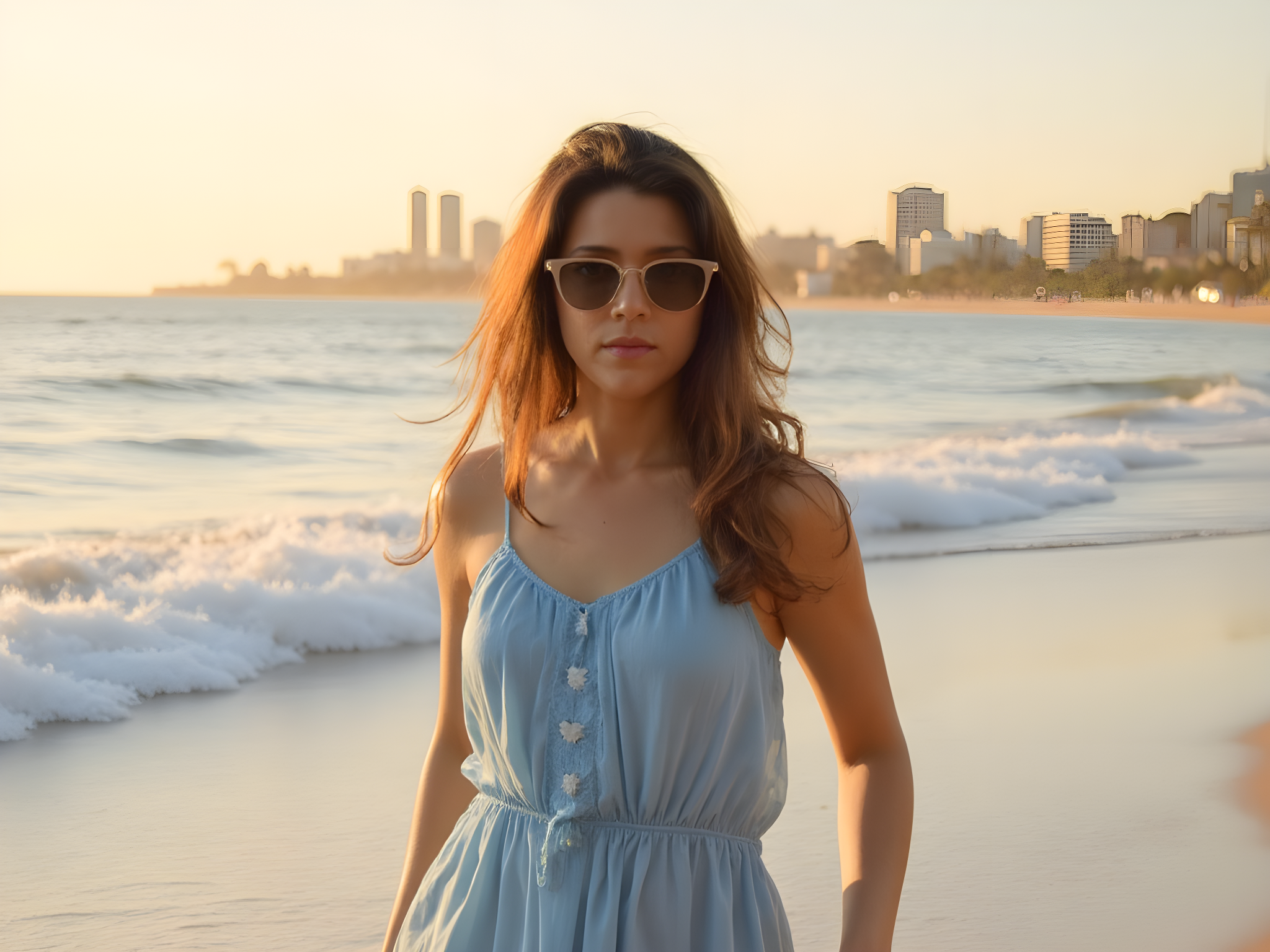A captivating portrayal of a 25-year-old female figure, embodying the free-spirited essence of a modern-day siren along Marine Drive. She wears an airy, ocean-blue chiffon sundress that dances with the sea breeze, its flowing layers catching the sunlight like waves. The dress subtly features intricate shell embroidery, hinting at her connection to the coastal paradise. Her wavy, sun-kissed hair falls effortlessly over her shoulders, while oversized, vintage-inspired sunglasses shield her eyes, adding a layer of intrigue. She stands at the water's edge, with one foot playfully dipped into the gentle surf, her expression radiating joy and freedom, as if she is basking in the ocean's embrace. Behind her, the iconic Marine Drive skyline glimmers in a warm sunset glow, the blend of colors creating a romantic atmosphere. Captured with soft, radiant lighting, the scene evokes both nostalgia and a sense of adventure, embodying the allure of coastal living.