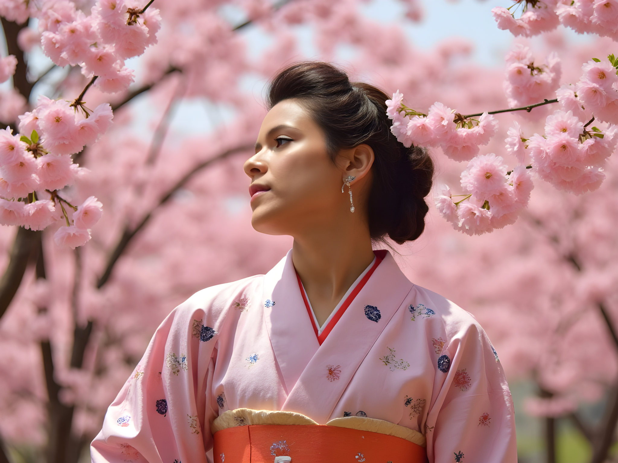 A 25-year-old female figure embodies the essence of modern Japan, standing poised against a backdrop of vibrant cherry blossoms in full bloom. She wears an intricately designed kimono, crafted from luxurious silk with delicate sakura patterns in soft blush and deep indigo. The kimono features a corseted bodice and a flowing, floor-length skirt with hand-embroidered details. Her hair is styled in an elegant updo, adorned with traditional kanzashi hairpins, creating a picturesque contrast to the soft hues of the fabric.
With a serene expression, her gaze is directed slightly upward, suggesting a spirit of contemplative strength. Dramatic natural light filters through the blossoms, casting enchanting shadows and highlighting the rich textures of her attire. The composition uses the rule of thirds, placing her centrally framed amidst the ephemeral beauty of the blossoms, evoking a sense of cultural reverence and contemporary fashion artistry. This portrait encapsulates a harmonious blend of tradition and modernity, inviting the viewer into a picturesque moment of Japanese elegance.