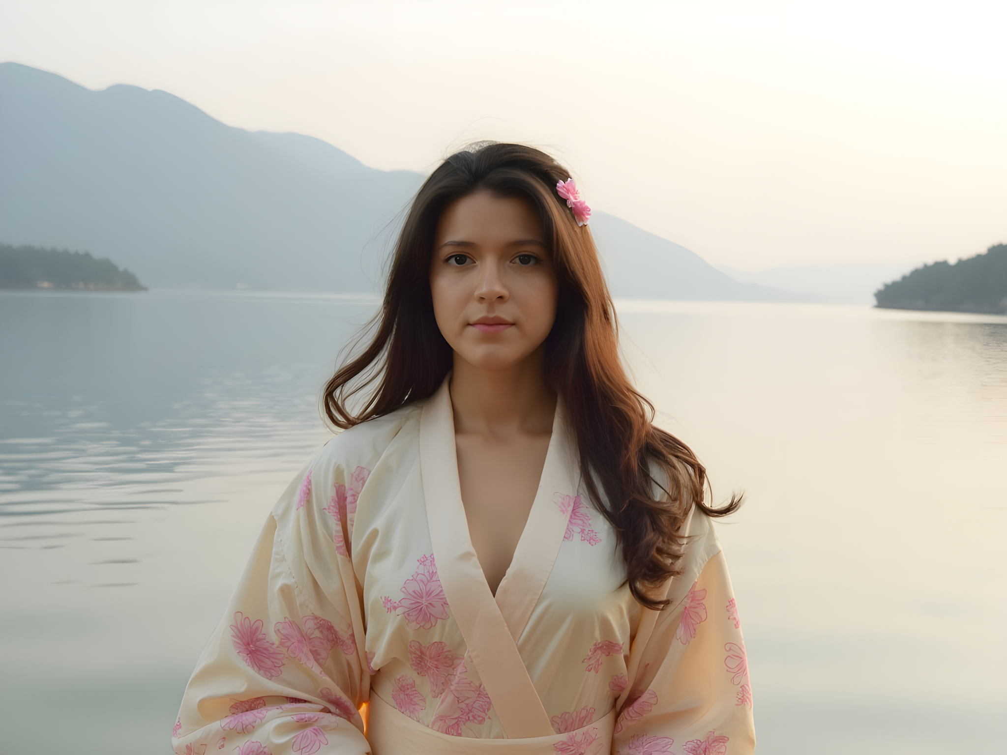 A serene scene featuring a 25-year-old woman, embodying the tranquil beauty of Japan's Hakone region. She is dressed in a flowing, hand-dyed kimono made of delicate silk, featuring intricate cherry blossom patterns in soft pink and cream. The kimono’s wide sleeves and obi accentuate her graceful form, highlighting the subtle elegance of traditional Japanese attire. She stands on the edge of a tranquil lake, framed by misty mountains in the background, with gently rippling water reflecting the pastel hues of a dawn sky. Her long, dark hair cascades in loose waves adorned with a single cherry blossom hairpin, evoking a sense of harmony with nature. Ethereal soft lighting bathes the scene, creating an aura of introspection and peace. The pose is poised yet relaxed, with her hands gently clasped in front of her, projecting the tranquil spirit of a modern muse in a timeless landscape.