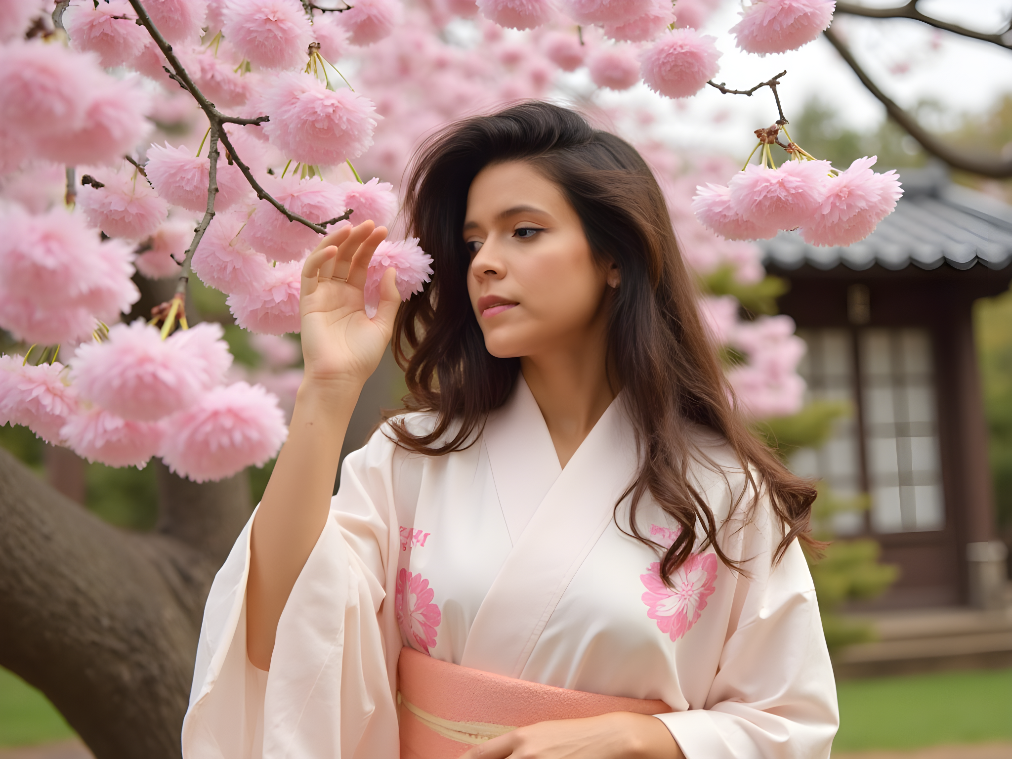 A 25-year-old woman embodies the serene beauty of Kyoto’s cherry blossom season. She is dressed in a flowing, hand-painted kimono crafted from soft silk, featuring delicate shades of blush and ivory with intricate sakura motifs harmonizing with the blooms around her. She stands gracefully in a traditional Japanese garden, with a backdrop of cascading cherry blossoms framing her. The pose is relaxed yet elegant, as she gently lifts one hand to touch the blossoms, with her other hand elegantly resting at her side. Natural sunlight filters through the delicate petals, casting a soft glow on her face, highlighting her tranquil expression and porcelain skin. This image evokes the ephemeral beauty of spring in Kyoto, blending cultural heritage with a modern sensibility, designed to capture both emotional depth and visual poetry.