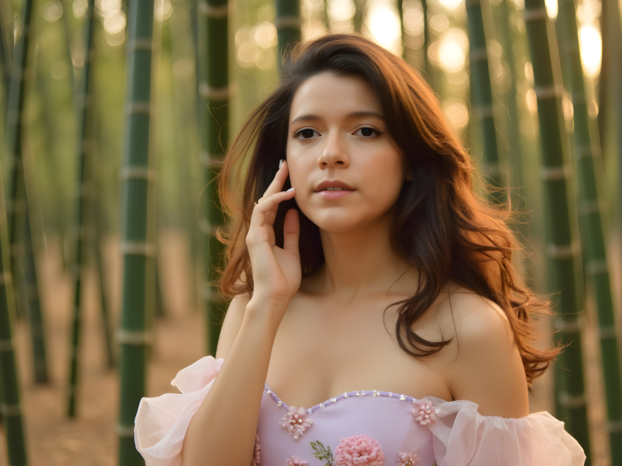 A radiant female figure, aged 25, embodies the grace of a contemporary Nara-inspired princess. She stands in a serene bamboo grove, wearing an ethereal gown of delicate silk chiffon in soft pastels—blush pink and lavender merging seamlessly, reminiscent of a twilight sky. Intricate floral embroidery trails up the bodice, incorporating motifs of cherry blossoms and playful foxes, echoing the enchanting folklore of Japan. Her hair cascades in loose waves, adorned with tiny pearls that shimmer like dew drops in the filtered sunlight. The pose is poised yet playful, with one hand gently holding a blossoming branch, the other lightly touching her cheek, exuding a sense of wonder and tranquility. Luminescent sunset lighting bathes her in a warm glow, emphasizing the gentle folds of her dress and the delicate beauty of her features. The composition, framed by tall, slender bamboo, creates a harmony between the subject and her mystical surroundings, evoking a sense of timeless storytelling.