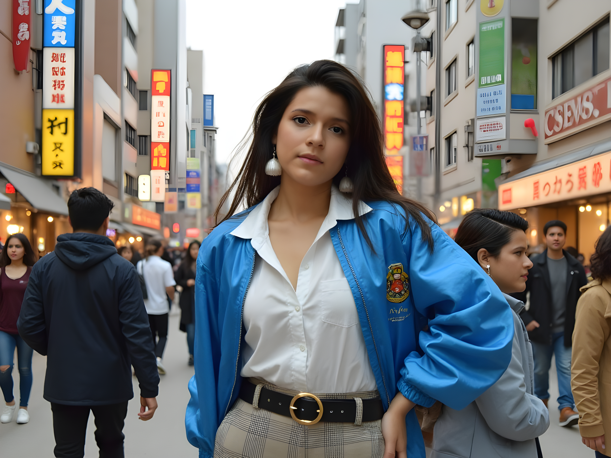 A vibrant portrait of a 25-year-old female, embodying the spirit of Osaka's modern street fashion. She is dressed in a layered oversized bomber jacket in electric blue satin, with intricate embroidered patches depicting traditional Japanese motifs. Underneath, she wears a lightweight white chiffon blouse with flowing sleeves that billow as she moves. Her high-waisted plaid trousers, in tones of grey and mustard, are cinched with a thick black belt featuring a striking gold buckle. Accessories include oversized geometric earrings and chunky platform sneakers, merging tradition with urban flair. Captured in a bustling Osaka street, the background features neon signs and bustling crowds, emphasizing the city’s energy. The lighting is dynamic and bright, highlighting her confident pose as she gazes playfully over her shoulder, radiating youthful exuberance and cultural dialogue. This image evokes a sense of playful fashion amidst the vibrant chaos of urban life.