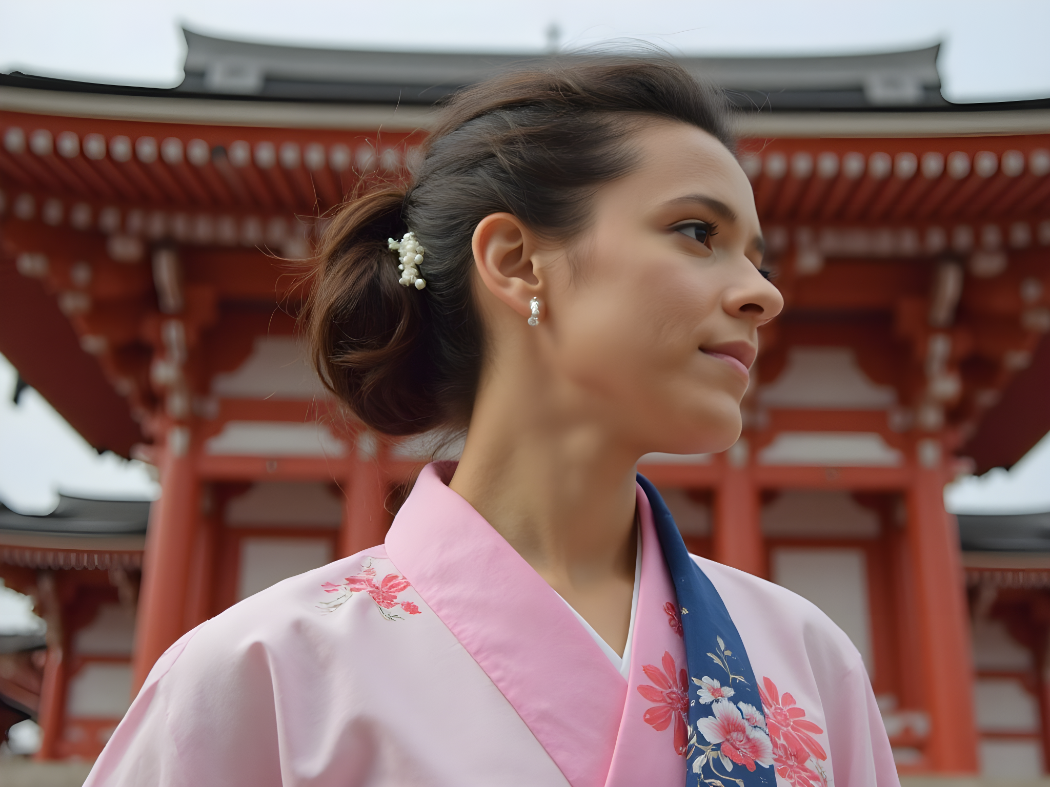 A 25-year-old woman embodies the vibrant spirit of Asakusa, Tokyo, standing with a serene expression in front of the iconic Senso-ji Temple. Draped in a traditional yet modern kimono made from luxurious silk chiffon in a palette of cherry blossom pink and deep indigo, the garment features intricate hand-painted floral motifs. The kimono's flowing sleeves and obi belt, cinched at the waist, create a harmonious silhouette against the bustling temple backdrop. Her hair is styled in an elegant updo adorned with delicate kanzashi hairpins, shimmering like the sunrise. Soft, diffused natural light bathes the scene, enhancing the warm ambiance of the location. The composition captures the juxtaposition of contemporary fashion within a rich cultural heritage, evoking a sense of tranquility amidst the vibrancy of city life.