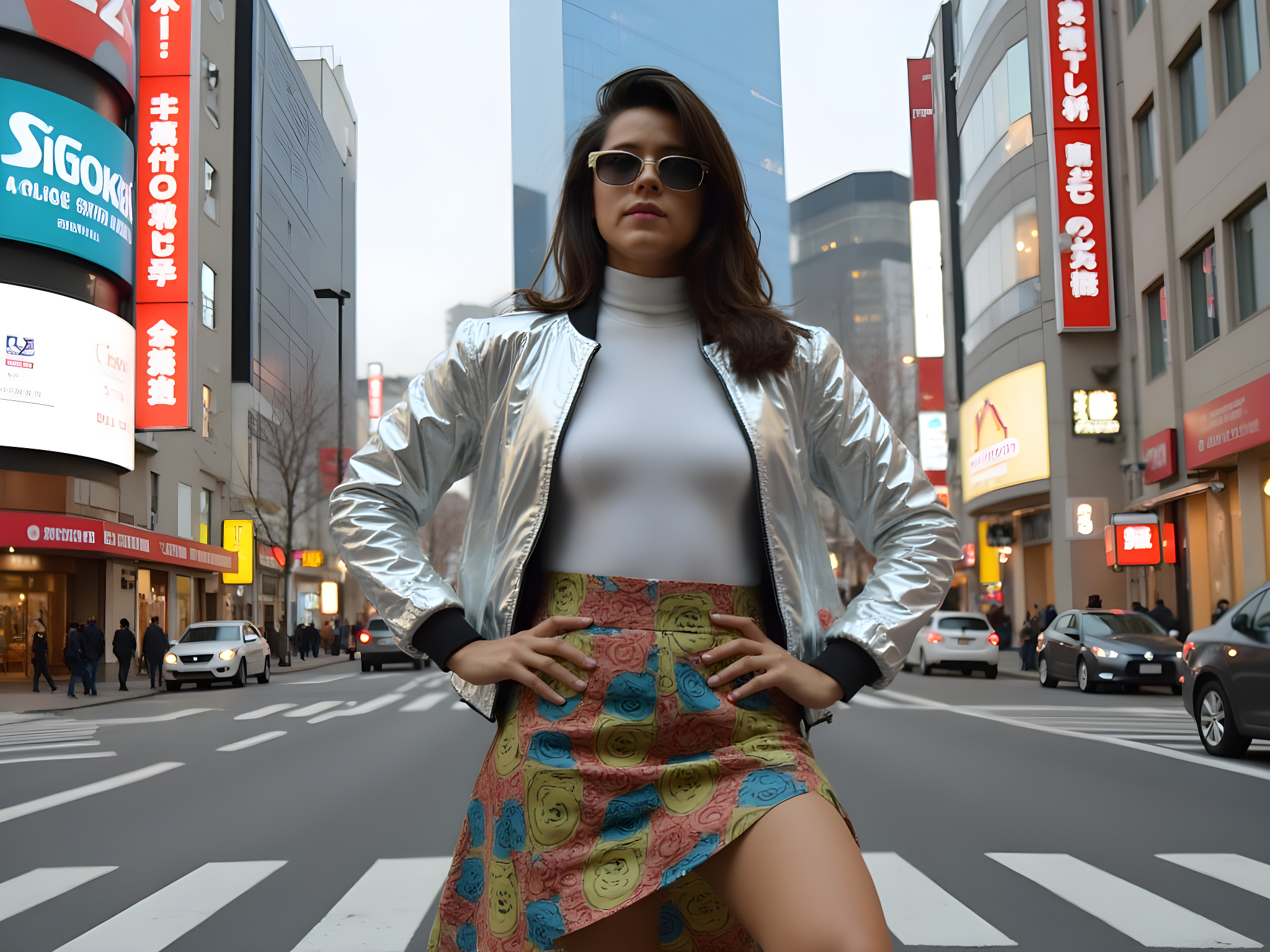 A chic, 25-year-old female model stands at the bustling intersection of Shibuya, Tokyo, channeling the futuristic flair of Japanese street style. She wears a layered ensemble featuring a holographic bomber jacket over a minimalist white turtleneck and a high-waisted, asymmetrical skirt adorned with vibrant prints. Bold, statement accessories, including oversized sunglasses and platform boots, elevate her look. The cityscape buzzes with energy behind her, neon lights casting a kaleidoscope of colors around, enhancing her eclectic style. Her pose is dynamic—one leg slightly forward, head tilted confidently, embodying a blend of urban edge and sophisticated grace. The photo captures the essence of contemporary Tokyo fashion, merging tradition with avant-garde innovation, empowering her as a symbol of urban femininity.