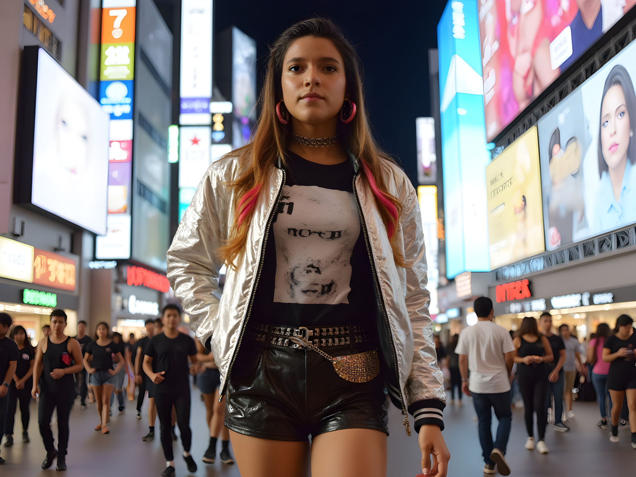 A 25-year-old female embodying the vibrant spirit of Shibuya's fashion culture, standing amidst the energetic chaos of Shibuya Crossing. She wears an eclectic ensemble featuring a holographic metallic bomber jacket layered over a graphic oversized tee, paired with high-waisted vinyl shorts that shimmer under neon lights. Her knee-high platform boots, adorned with playful embellishments, command attention. Accessories include oversized hoop earrings, layered chokers, and a statement fanny pack slung across her body. Her hair is styled in playful, colorful braids cascading over her shoulders. The background is a dynamic blur of bustling pedestrians and bright, flashing billboards, capturing the essence of Tokyo’s urban landscape. The photo showcases a daring blend of street style and high fashion, radiating youthful exuberance and confident individuality.
