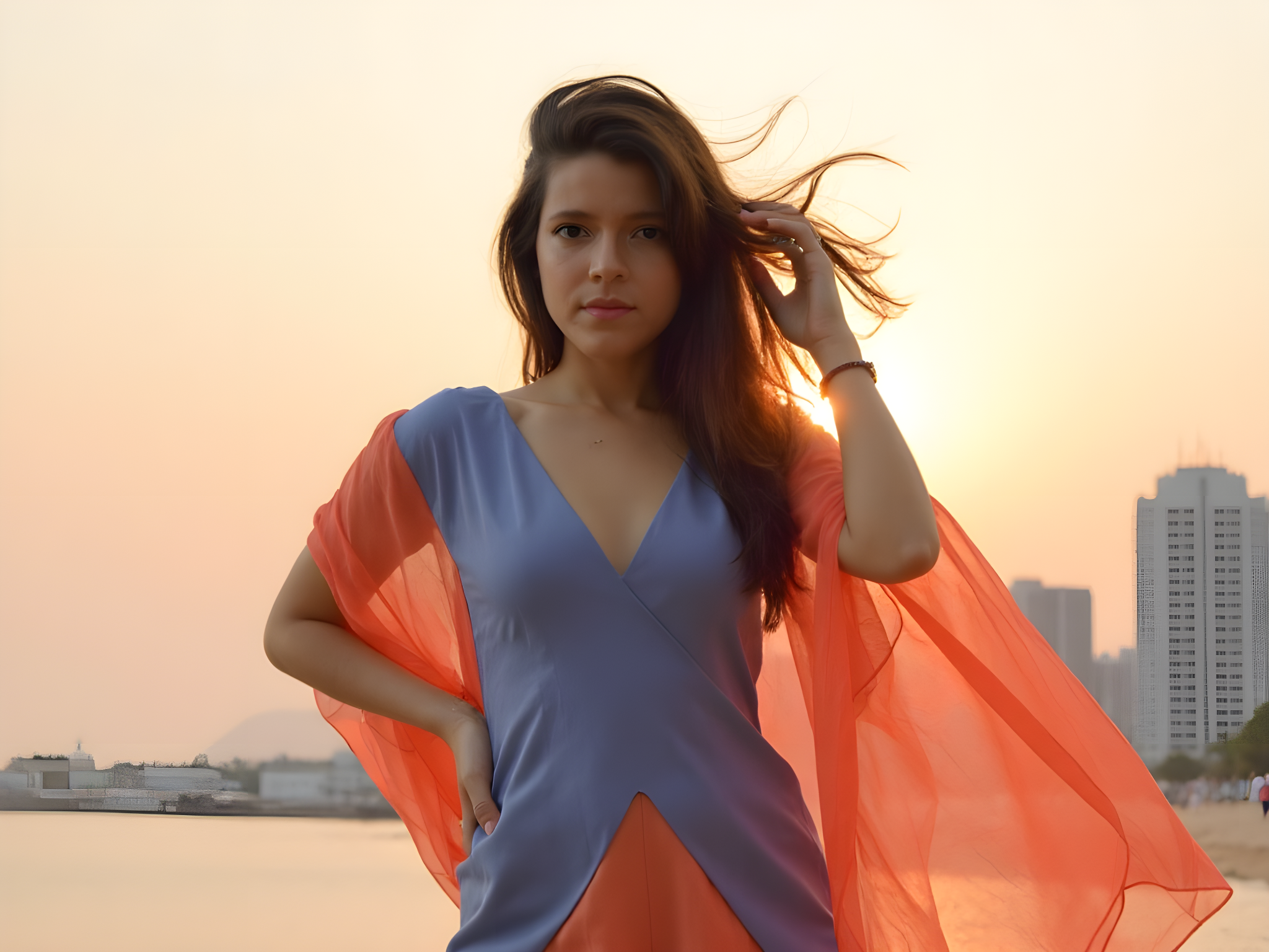 A captivating portrait of a 25-year-old woman, embodying the vibrant spirit of Busan, South Korea. She stands on Haeundae Beach at sunset, her silhouette framed against the stunning skyline. Adorned in a flowing, asymmetrical kimono-inspired dress made from lightweight chiffon in rich, oceanic blues and corals, she captures both movement and grace as the fabric dances in the sea breeze. Her long hair cascades over her shoulders, catching the warm hues of the sunset. The pose is relaxed yet confident, one hand playfully tossed in her hair while the other rests on her hip, exuding a sense of carefree elegance. Soft, golden-hour lighting bathes her in a warm glow, illuminating her natural beauty and creating a dreamy, romantic atmosphere, perfectly reflective of Busan's vibrant culture. The image evokes a sense of adventure and freedom, capturing a moment in time where urban life meets the serene nature of Korea’s coastline.