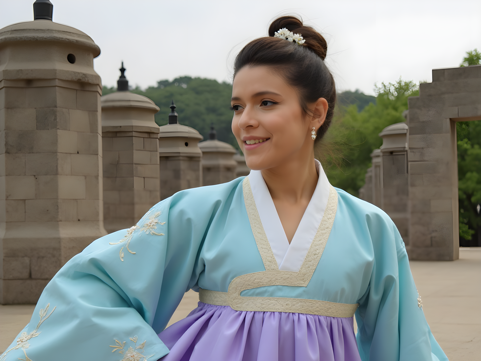 A captivating portrait of a 25-year-old woman embodying the essence of Gyeongju's rich cultural heritage. Dressed in a modern interpretation of a traditional Hanbok, she wears a vibrant sky-blue jeogori adorned with intricate gold embroidery, paired with a flowing skirt in soft lavender. Her hair is styled in a traditional chignon, embellished with delicate floral hairpins that reflect the beauty of Gyeongju's cherry blossoms. The background features a serene temple setting, with ancient stone pagodas and lush greenery, creating a harmonious blend of nature and history. The composition captures the grace and elegance of the subject, with a soft, diffused light that envelops her in a warm glow, evoking a sense of nostalgia and timeless beauty.