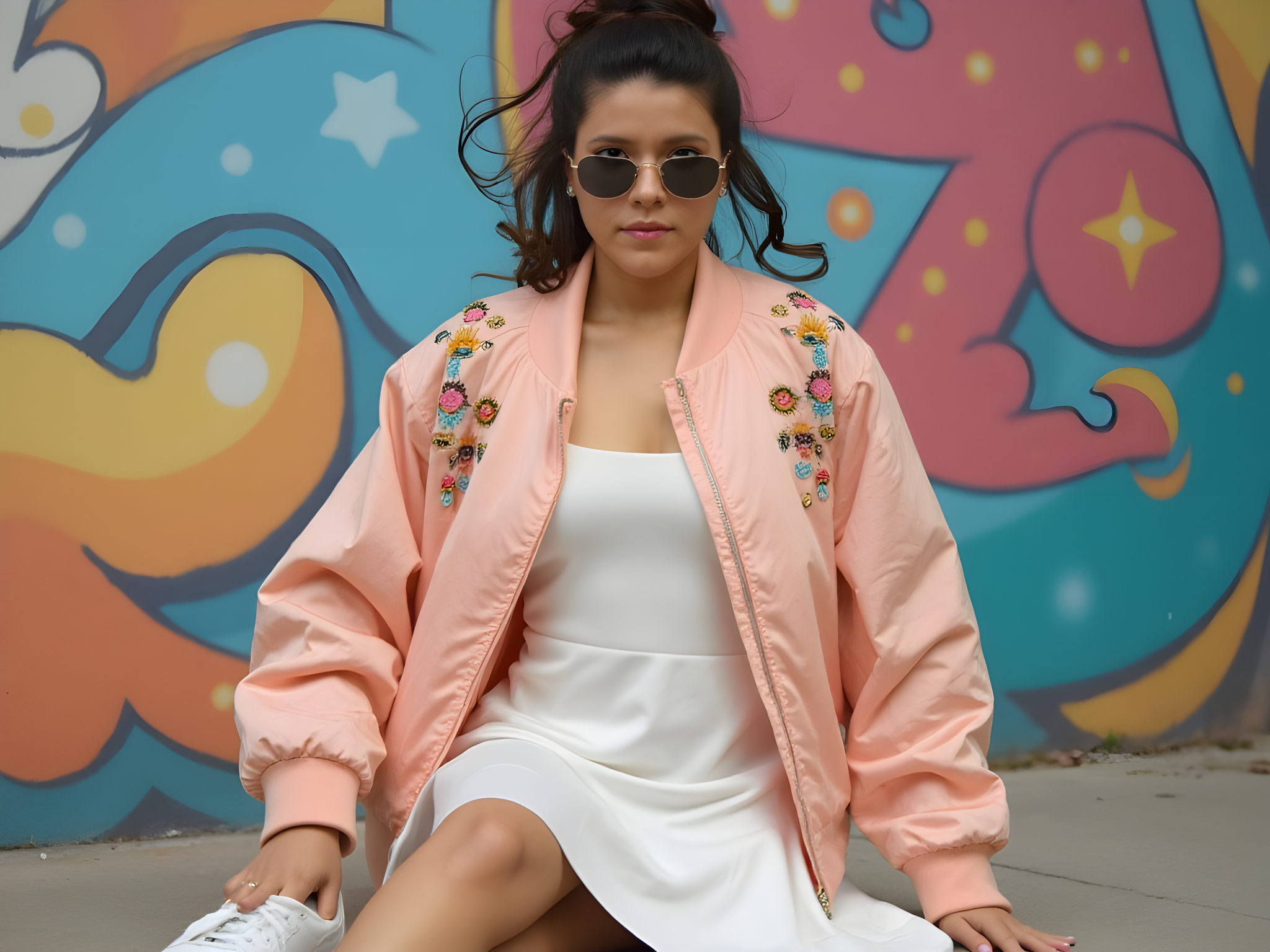 A vibrant street-style portrait of a 25-year-old woman in Incheon, South Korea, capturing the essence of contemporary urban fashion. She is wearing an oversized pastel-hued bomber jacket adorned with intricate embroidery, layered over a sleek white satin midi dress that sways gently with the breeze. Accentuating her look are chunky white sneakers and statement oversized sunglasses that reflect the bustling atmosphere around her. Her hair is styled in a playful, casual bun with wispy strands framing her face, embodying effortless chic. The backdrop features the colorful murals of Incheon’s street art, adding to the urban vibrancy. The composition evokes a sense of freedom and modernity, blending high fashion with street-smart sophistication, perfect for a fashion-forward publication.