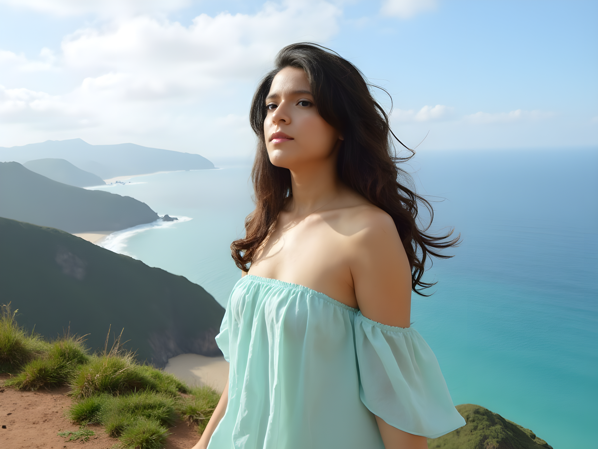 A serene portrait of a woman, aged 25, standing on a breathtaking cliffside of Jeju Island. Dressed in a flowing, off-the-shoulder dress crafted from airy chiffon in soft ocean hues—azure and seafoam green—she embodies the essence of tranquility and grace. Her hair, kissed by the coastal breeze, cascades in soft waves down her back. Natural sunlight filters through scattered clouds, casting a golden glow that dances across her skin, accentuating her ethereal beauty. The vibrant backdrop of the volcanic landscape and crystal-clear waters serves as a perfect contrast to her delicate figure. She gazes thoughtfully toward the horizon, projecting an emotional depth that evokes a sense of wanderlust and introspection, creating a visual narrative that speaks to the heart of adventure and escapism.