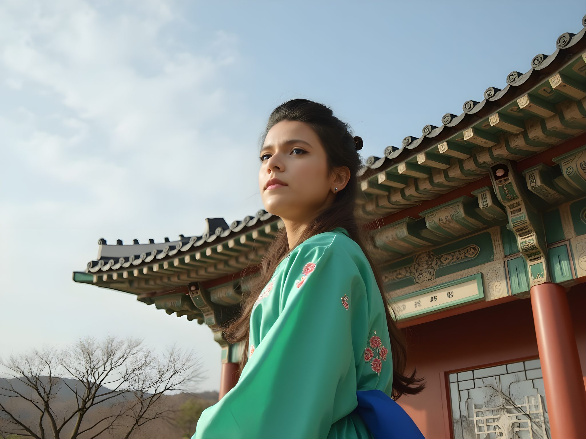 A serene 25-year-old female figure, embodying timeless grace and heritage, stands in the majestic Gyeongbokgung Palace in Seoul, South Korea. She wears a traditional hanbok, its vibrant hues of jade green and rich navy blue, styled in luxurious silk with intricate embroidery depicting floral motifs. The ensemble features a flowing skirt with a classic waistband and delicate ribbon ties, emphasizing the elegance of the silhouette. As she gazes thoughtfully towards the intricately painted eaves of the palace, the gentle breeze lifts the layers of her hanbok, creating a visual poetry of movement. The background is a harmonious blend of the palace's iconic architecture—cerulean rooftops against a soft, cloud-strewn sky—enhancing the scene's cultural richness. Soft natural light bathes her in an ethereal glow, accentuating her delicate features and the detailed craftsmanship of her attire. This portrait encapsulates the serene beauty of heritage, evoking a connection to tradition and history, a momentary glimpse into the soul of Korea.