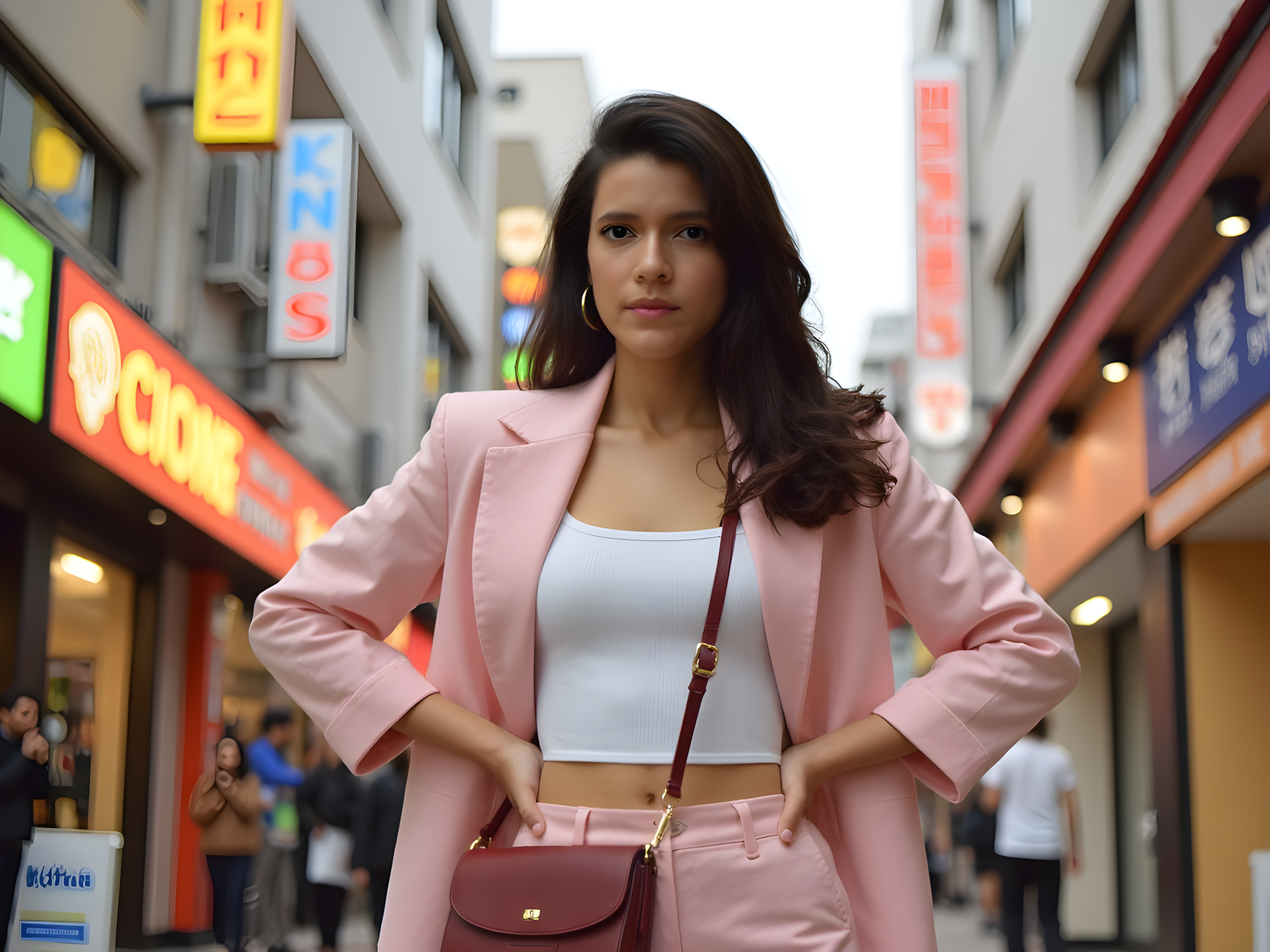 A spirited 25-year-old woman is perfectly poised in the bustling streets of Myeongdong, Seoul, embodying the vibrant energy of urban South Korea. She dons a contemporary street style look, featuring a chic oversized pastel pink blazer paired with a fitted white crop top and high-waisted, tailored trousers. A statement crossbody bag in rich burgundy adds a pop of color, while sleek ankle boots in black complete the outfit with modern sophistication. Her hair flows in soft, effortless waves, accessorized with bold, gold hoop earrings. The scene captures the essence of a lively afternoon, with colorful storefronts and neon signs framing her in vibrant hues. The lighting is bright and inviting, creating a lively atmosphere that echoes the heartbeat of the city. Her confident stance and cheerful expression reflect a blend of fashion and freedom, presenting a narrative of youthful exuberance and contemporary style.