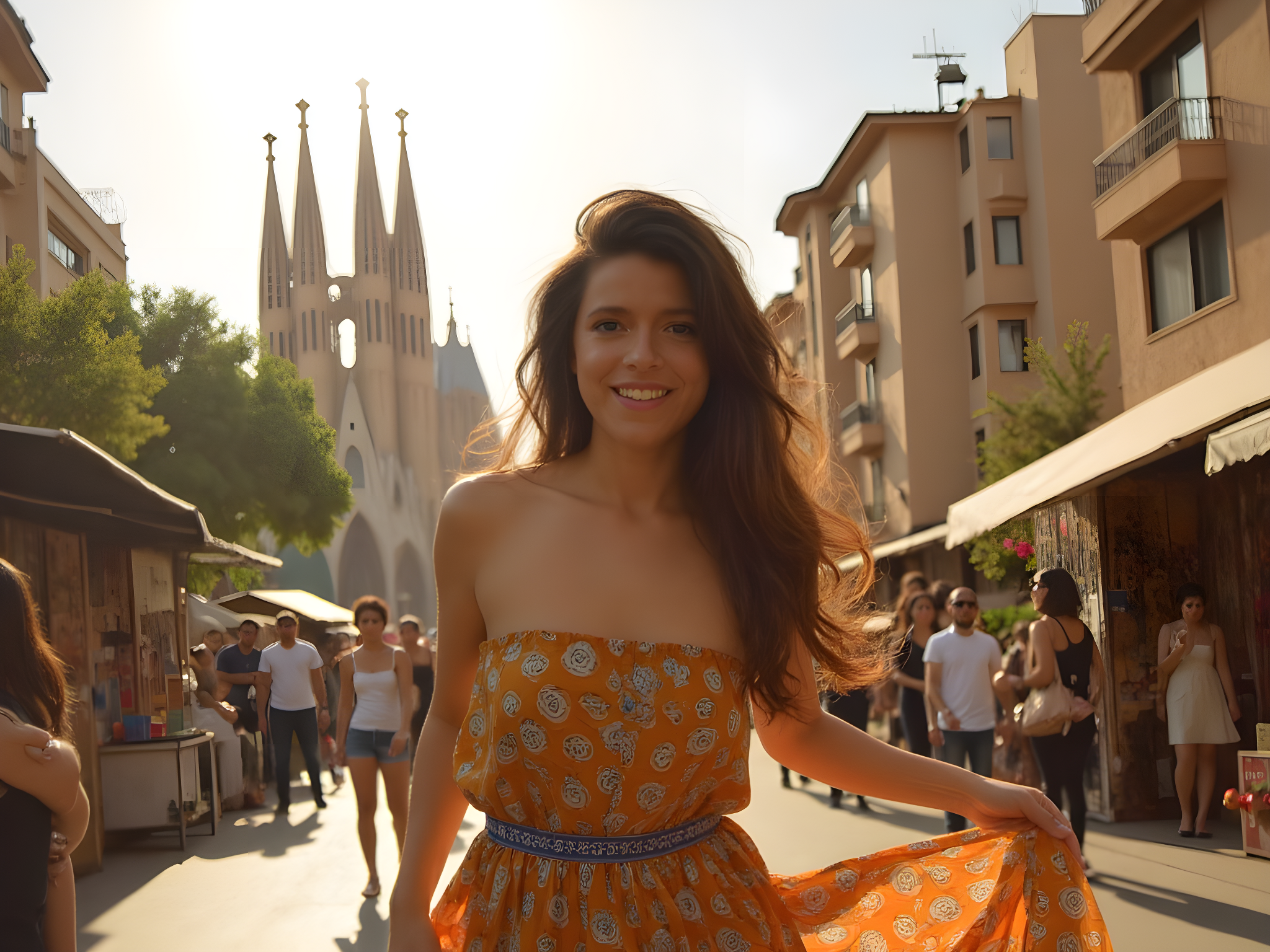 A 25-year-old female figure, exuding the vibrant spirit of Barcelona, is captured in a lively street scene bathed in the warm glow of golden hour. She wears a flowing, bold-patterned maxi dress in shades of terracotta and azure, reminiscent of Gaudí’s colorful mosaics, that sways softly in the gentle breeze. Her hair, sun-kissed and tousled, cascades over her shoulders, framing a radiant smile that captures the joie de vivre of the city. The background features the iconic Sagrada Família rising majestically, with local art vendors and bustling pedestrians adding to the vibrant atmosphere. She is positioned in a dynamic dance-like pose, one foot planted firmly while the other is raised as if caught mid-movement, embodying the rich cultural tapestry of her surroundings. Utilizing natural light, the photographer crafts a soft, dreamy aura while deeper shadows create a sense of depth, inviting viewers to experience the magic of Barcelona through her eyes.