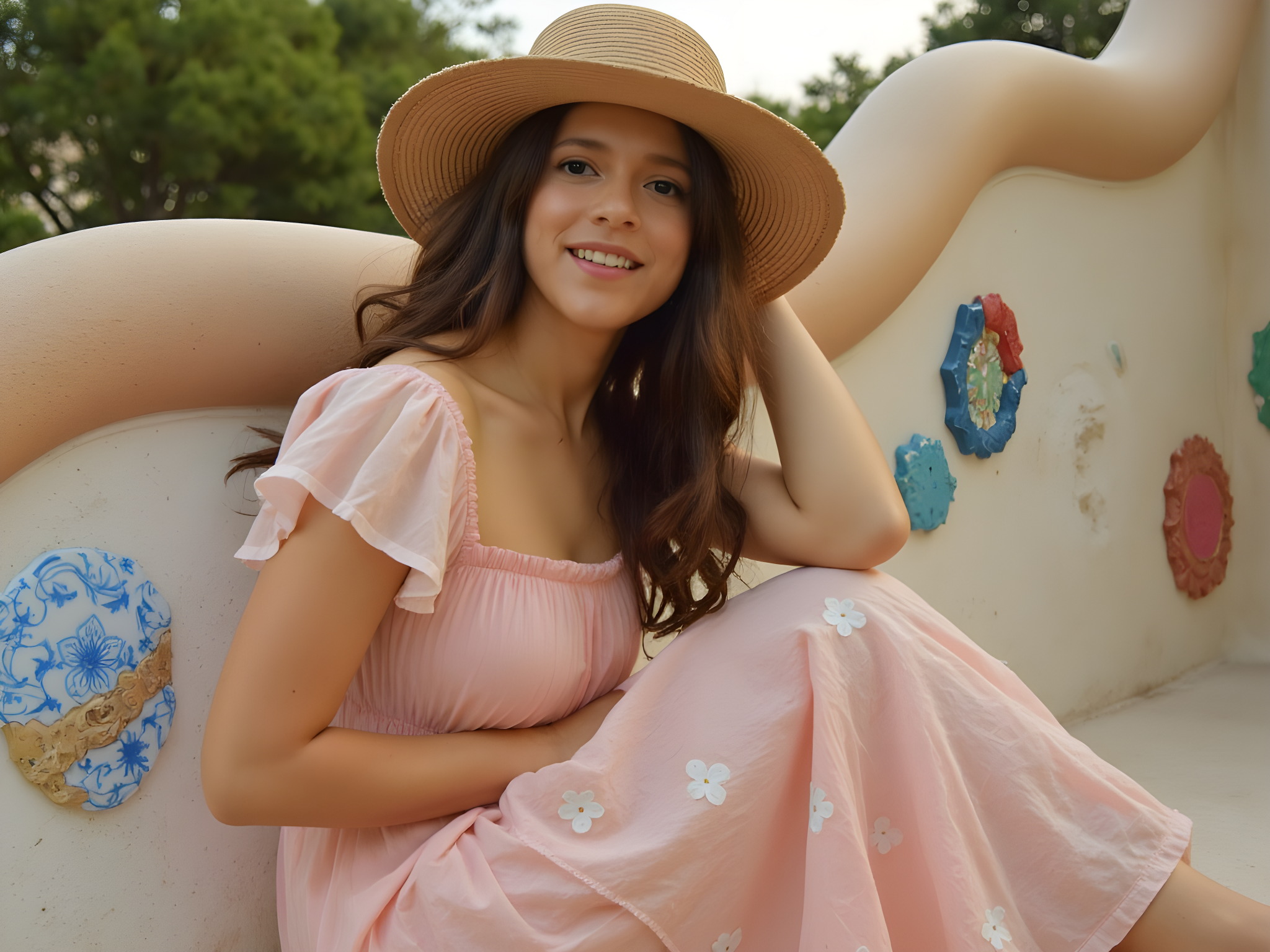 A vibrant portrait of a 25-year-old female model, set against the whimsical mosaics of Park Güell in Barcelona. She wears a flowing, pastel-coloured maxi dress made of lightweight chiffon georgette, adorned with floral prints that echo the garden's colors. The dress features delicate ruffled sleeves and a cinched waist, showcasing her youthful silhouette. A wide-brimmed straw hat sits atop her tousled beach waves, adding an air of carefree elegance. As she leans against one of Gaudí’s iconic serpentine benches, her expression is playful yet serene, capturing the essence of a modern muse enjoying a sunny day in a magic park. Soft, golden hour light bathes the scene, casting a warm glow that highlights her radiant smile and the intricate details of the park's mosaic tiles. This image embodies a whimsical blend of nature and architecture, celebrating creativity and vibrant femininity.