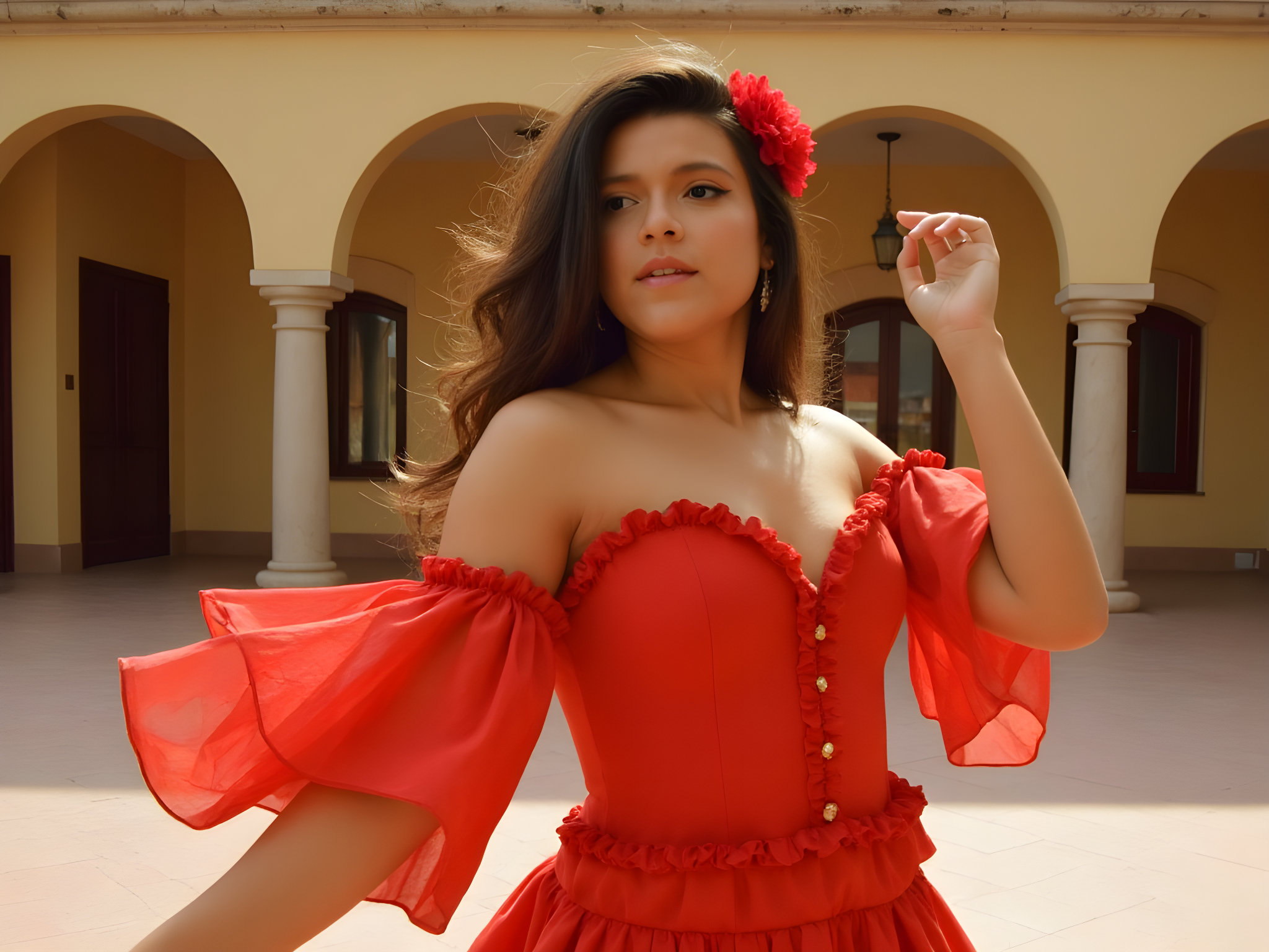 A captivating 25-year-old woman embodies the vibrant spirit of Spain, set against the backdrop of a sun-drenched Andalusian courtyard. She wears a flowing flamenco dress adorned with ruffles in hues of crimson and gold, celebrating her heritage. The gown cascades in princess seams, hugging her curves while the full skirt sways gracefully with her movement. Her hair is styled in loose waves, adorned with a vibrant floral comb that radiates Mediterranean charm. She strikes a confident pose, one hand raised, fingers dancing as though mid-twirl, capturing the essence of traditional Spanish dance. The golden hour light bathes her in warmth, enhancing the rich textures of her outfit and the intricate tiled patterns beneath her. This image conveys the passionate allure of Spanish culture, evoking a sense of joy and celebration reminiscent of spirited fiestas.