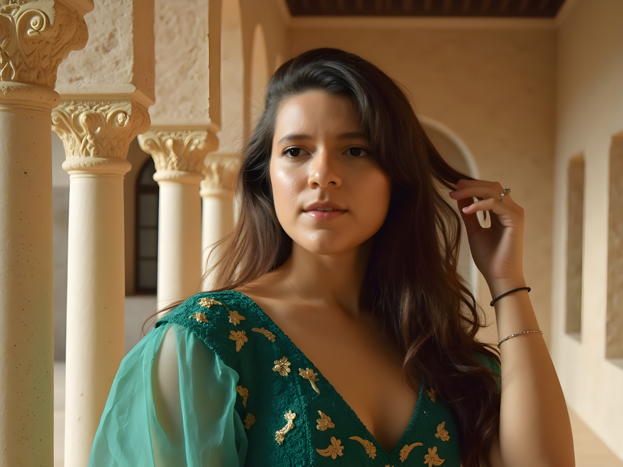 A 25-year-old female figure, embodying the mystique of a timeless muse, stands gracefully within the enchanting arches of the Alhambra. She is adorned in a flowing, jewel-toned gown of chiffon georgette, featuring intricate floral embroidery inspired by Moorish patterns, with colors reminiscent of deep sapphire and emerald. The gown cascades elegantly to the floor, playing with ethereal movement as she shifts her weight. Her long, dark hair cascades in soft waves, adorned with delicate gold hairpins shaped like crescent moons, echoing Islamic motifs. The soft, diffused sunlight filters through the ornate latticework of the window, casting intricate shadows that dance across her serene visage. Her pose is elegant yet inviting, one hand softly resting against the cool marble column while the other gently brushes back a loose strand of hair. This setting, steeped in history and romance, creates a palpable connection to the grandeur of the past, while her expression radiates an alluring blend of confidence and introspection, inviting viewers to dwell in the moment.