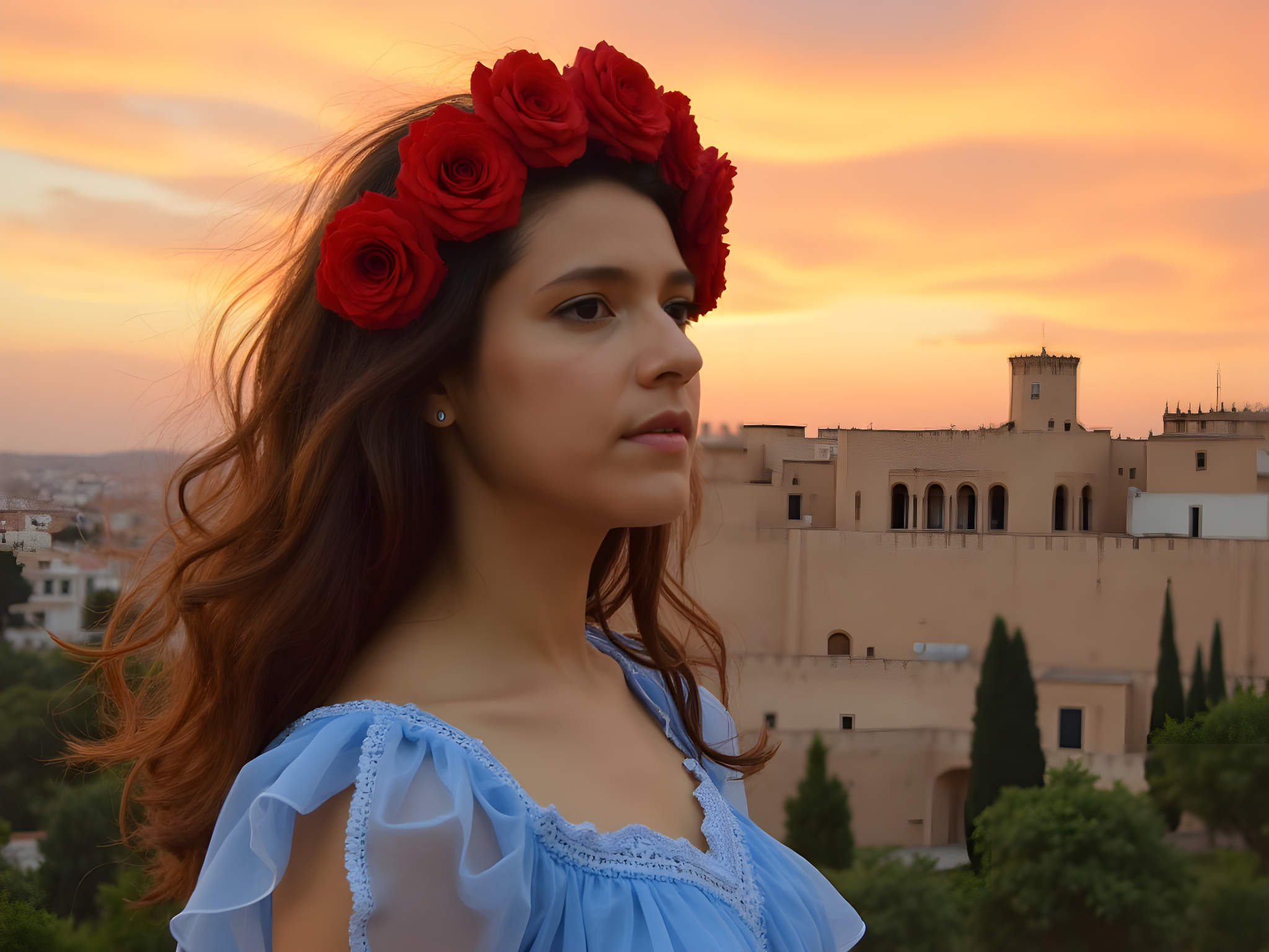 A vibrant portrait of a 25-year-old woman, embodying the enchanting spirit of Granada. She is draped in a flowing, azure Andalusian dress made from lightweight chiffon that catches the afternoon light. The gown features intricate ruffles and delicate lace trim that evoke the city’s rich cultural heritage. Her hair is adorned with fresh, brilliant red roses, framing her face as she gazes thoughtfully into the distance, embodying the passionate soul of Flamenco. The backdrop showcases the breathtaking Alhambra, set against a brilliant sunset, with fiery oranges and soft purples illuminating the sky, enhancing the romantic allure of the scene. The composition is dynamic, showcasing movement as her dress billows, while the warmth of the environment invites the viewer into a moment of timeless beauty. The lighting is soft, capturing the glow of the golden hour and casting gentle shadows that evoke a sense of nostalgia.