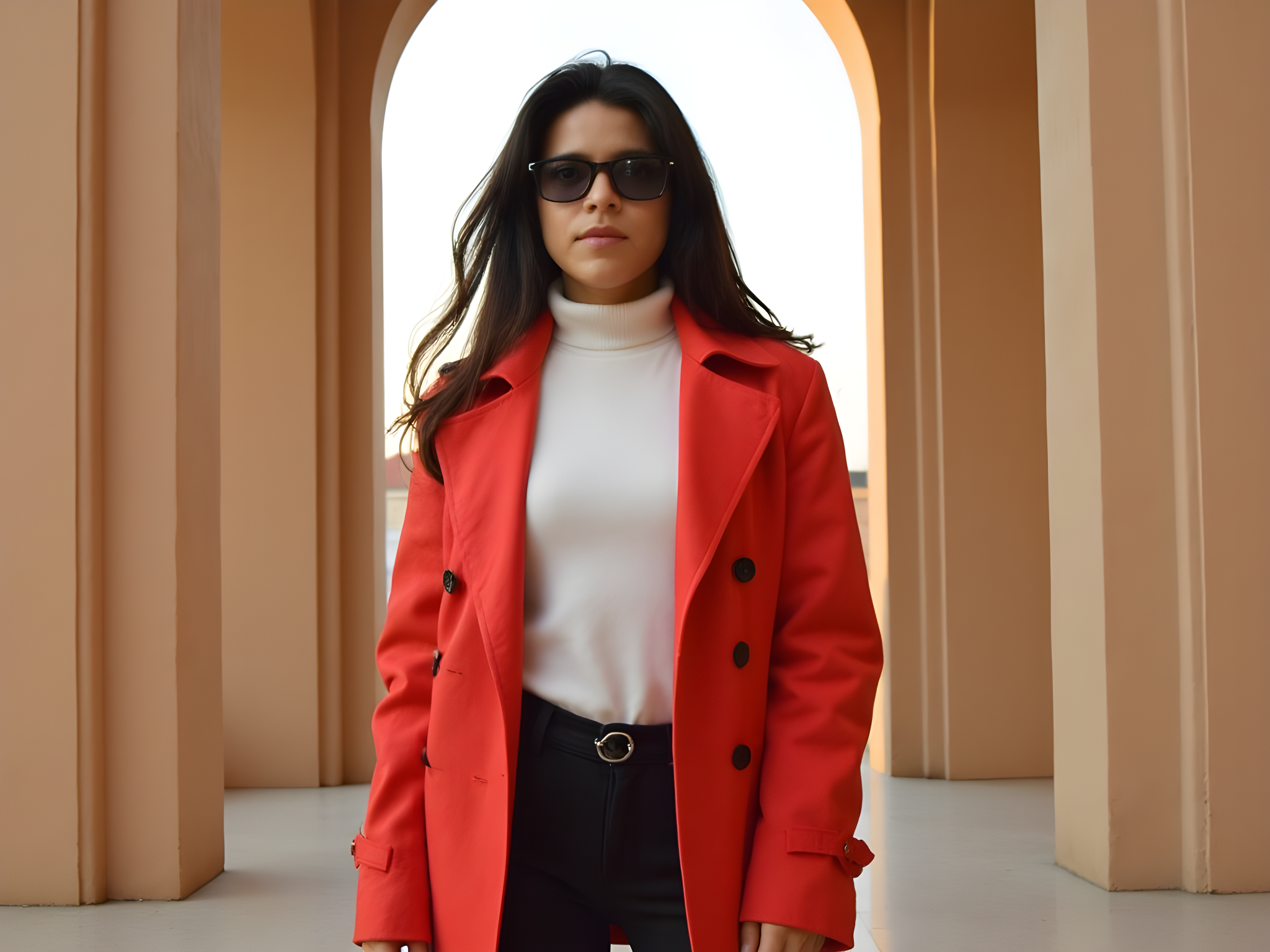 A captivating portrait of a 25-year-old female model, embodying the spirit of contemporary chic amidst the iconic Plaza Mayor in Madrid. She wears a tailored, vibrant red trench coat cinched at the waist with a sleek black belt, the fabric flowing elegantly over her figure with double-breasted buttons glinting in the crisp afternoon sun. Beneath, she layers a minimalist white turtleneck and high-waisted black trousers, elongating her silhouette. Her knee-high black leather boots provide an added touch of sophistication. Her dark hair, cascading in loose waves, frames her face perfectly, accentuating her bold, edgy look with modern, oversized sunglasses. The backdrop of Plaza Mayor features its stunning archways and historic architecture, the surrounding atmosphere buzzing with life, yet she stands as a confident oasis of style. The shot is framed using the rule of thirds, with warm, golden light bathes the scene, creating an inviting yet cinematic quality. This image speaks of youthful dynamism, cultural richness, and modern elegance, encapsulating the essence of urban sophistication.