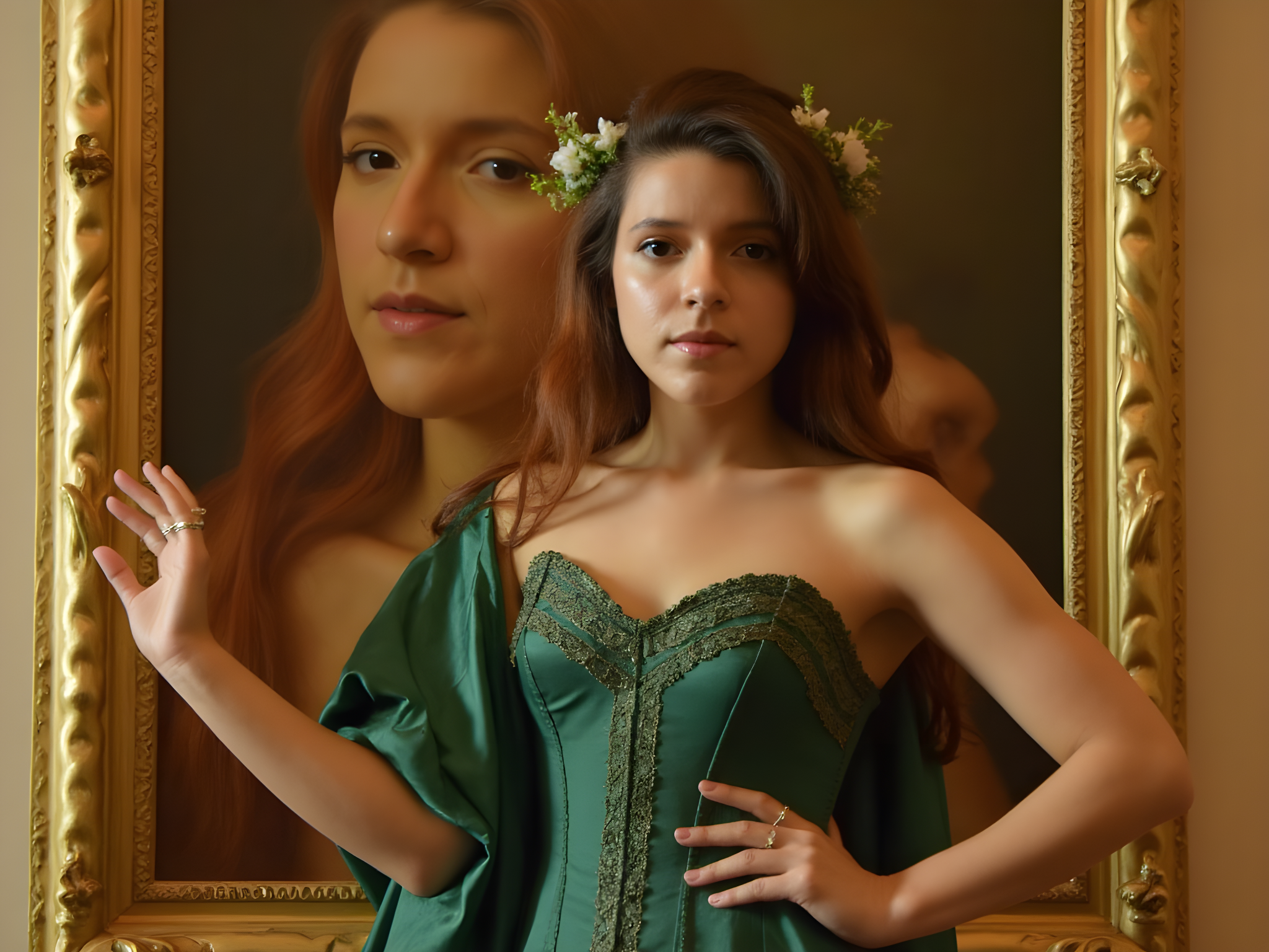 A 25-year-old woman embodies the essence of classic Renaissance art, inspired by the masterpieces housed in the Prado Museum. She stands in a grand, softly lit gallery, draped in a flowing, hand-embroidered gown of deep emerald silk, reminiscent of the opulence seen in Velázquez's royal portraits. The gown features intricate gold thread details, creating a sense of luxury, with a corseted bodice that accentuates her silhouette. Her auburn hair is styled in soft waves, crowned with a delicate garland of wildflowers, echoing the natural beauty celebrated in the works of Spanish painters.
The pose is regal yet approachable, with one hand gently resting on her hip while the other lightly touches the edge of a gilded frame, as if contemplating the artwork. The background subtly features a blurred glimpse of a famous painting, further immersing her in the narrative of art and history. The lighting is warm and inviting, with soft shadows highlighting her features, creating an emotional depth that resonates with viewers, encapsulating the mystique and charm of the golden age of Spanish Renaissance.