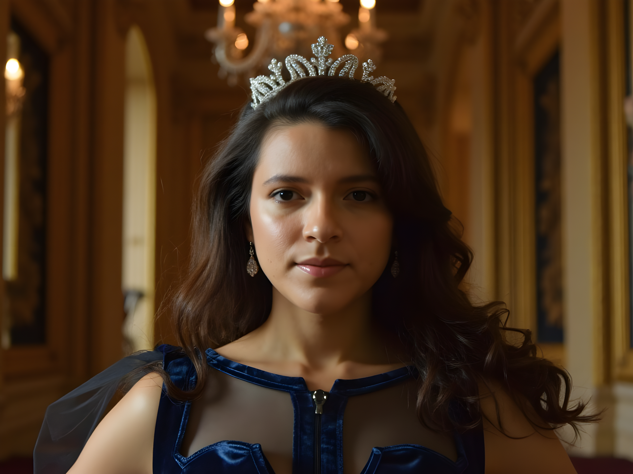 A regal 25-year-old woman, embodying the grace of a modern-day queen, poses elegantly in an opulent royal palace setting. She is adorned in a striking midnight blue velvet gown, featuring intricate gold embroidery along the corseted bodice and flowing train, evoking the grandeur of historic European courts. The gown cascades dramatically around her, enhanced by hand-pleated cascades and a delicate tulle illusion wrap that adds ethereal softness to her silhouette. Her elegantly styled hair is adorned with a sparkling tiara, catching the soft chandelier light, while diamond drop earrings frame her luminous face. The setting features lavish baroque architecture, grand arches, and rich tapestries that resonate with historical opulence, creating a contrast that is both timeless and contemporary. The composition uses dramatic chiaroscuro lighting to emphasize her regal features and the rich textures of her gown, while maintaining a sense of serene authority. This image aims to evoke feelings of majesty, elegance, and a powerful sense of womanhood.