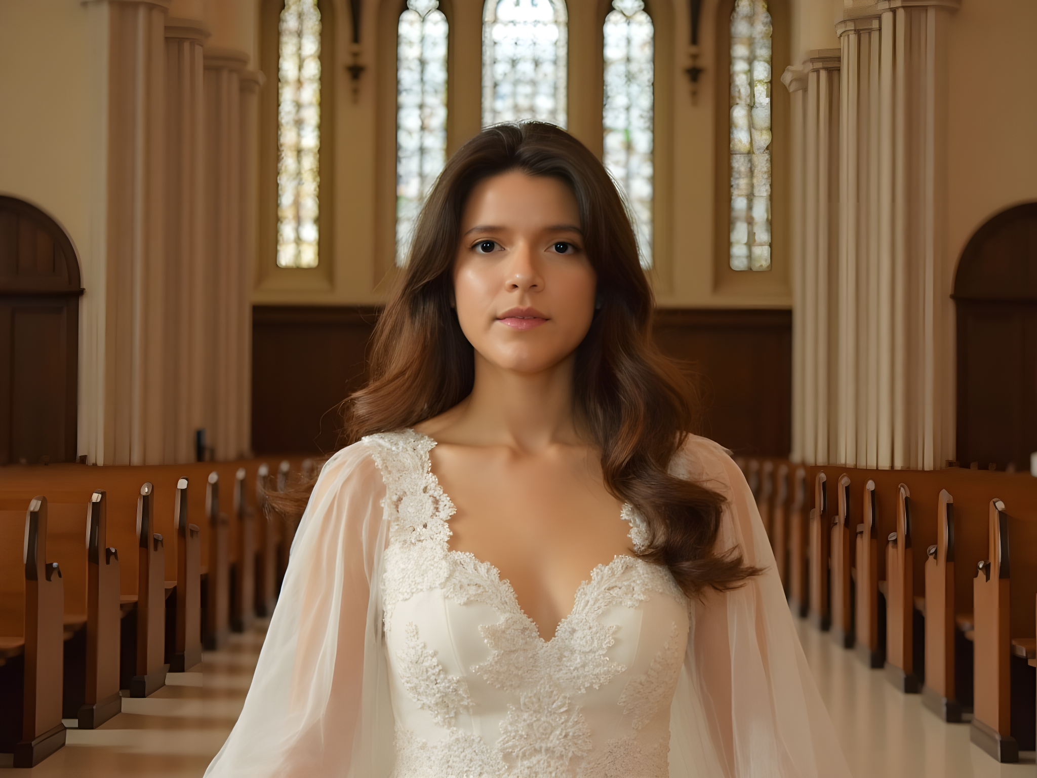 A 25-year-old female model, embodying ethereal beauty, stands poised inside a grand cathedral. She wears a flowing, ivory chiffon gown adorned with intricate lace embroidery and a flowing train that cascades elegantly around her. The gown's delicate details glisten softly in the filtered light pouring through the stained glass windows, creating a kaleidoscope of colors that dance across the stone walls. Her long, cascading hair is styled in loose waves, adorned with a delicate floral crown. She gazes confidently down the aisle, a serene expression on her face, as if she is the light illuminating the sacred space. The composition emphasizes the height and grandeur of the cathedral, with soaring arches framing her figure, while warm, diffused lighting envelops her in a divine glow. This image captures the essence of a modern-day goddess, transcending time and culture, evoking a spiritual journey intertwined with timeless elegance.